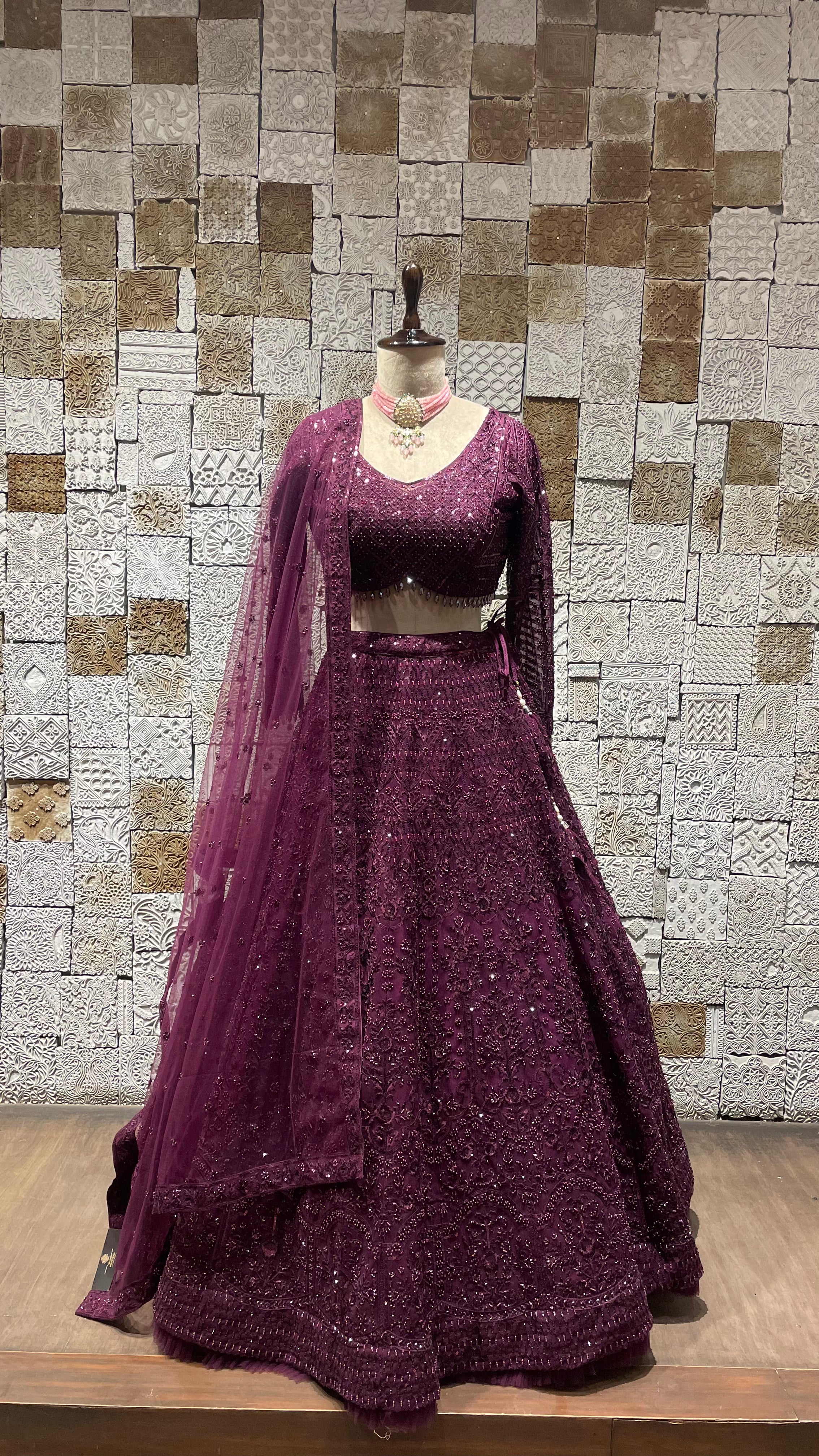 Purple Lehenga on Net Base with rhinestones and pearls