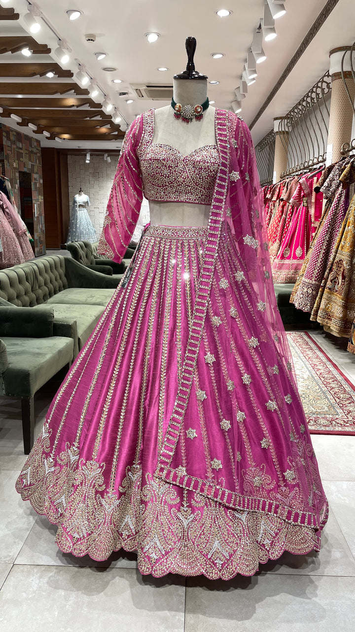 Pink silk lehenga with mirrorwork