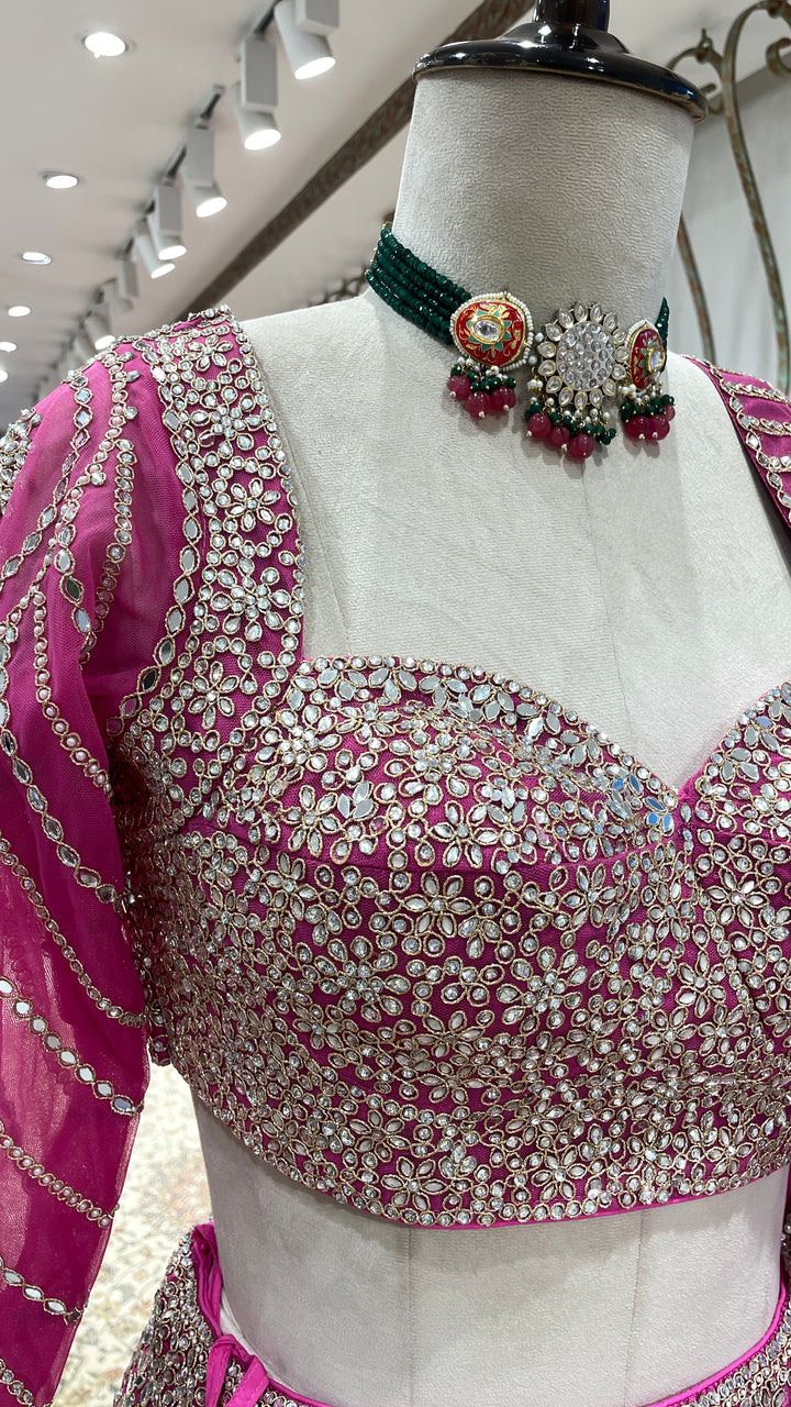 Pink silk lehenga with mirrorwork