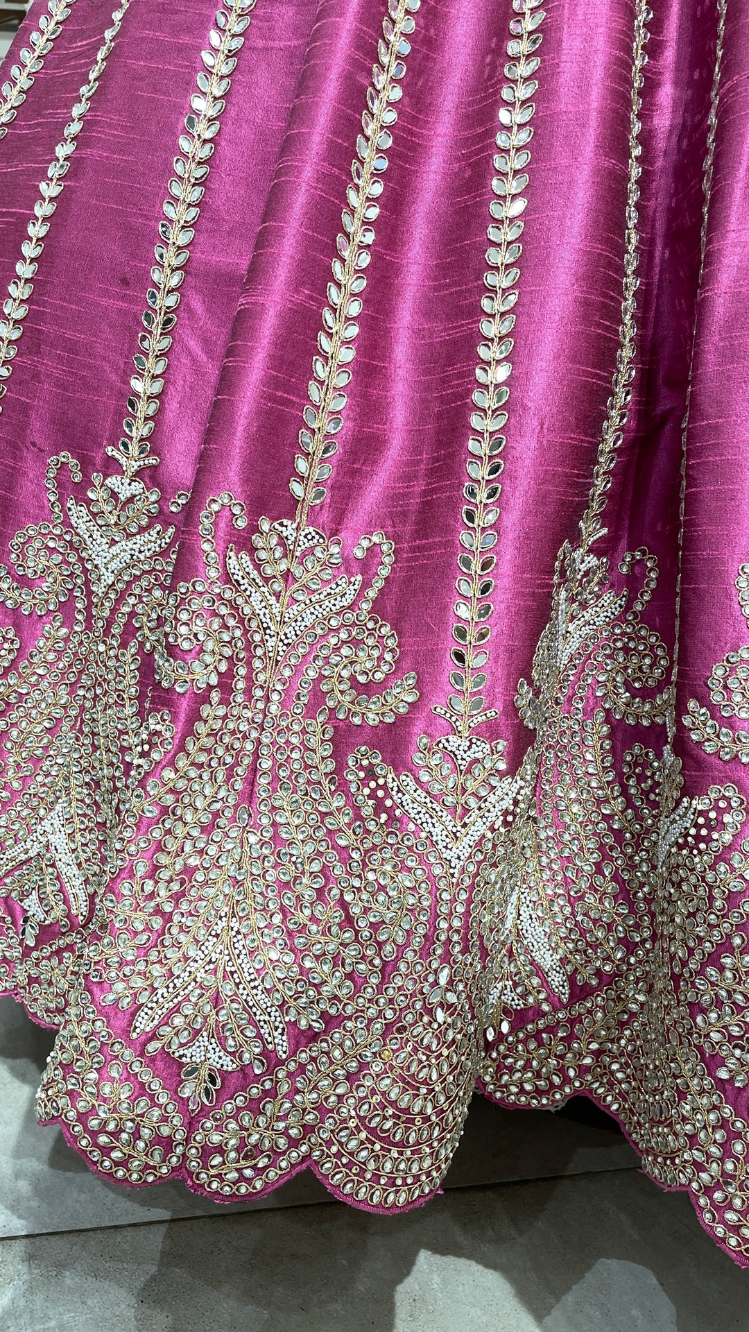 Pink silk lehenga with mirrorwork