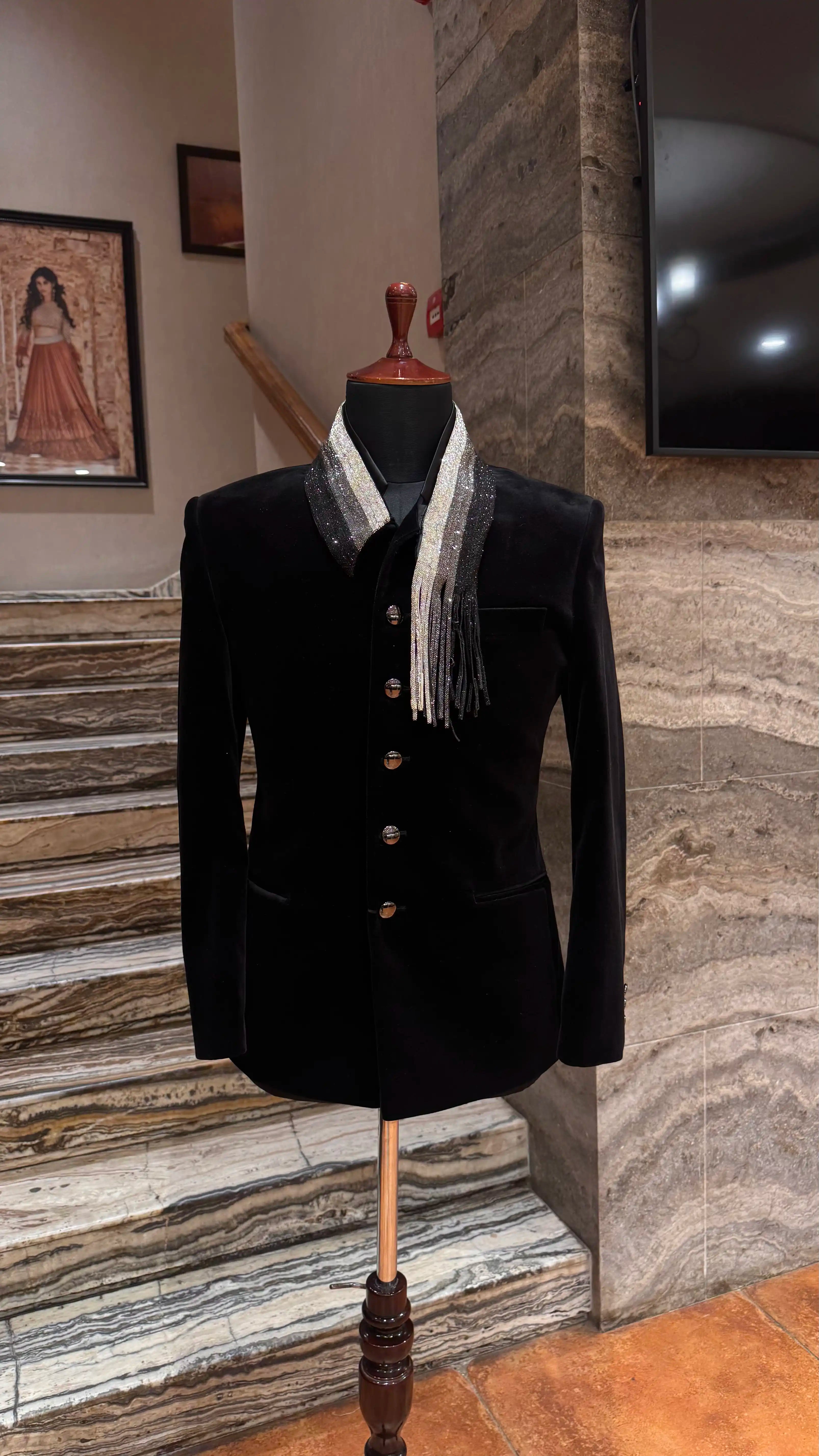 Black velvet collar work bandhgala