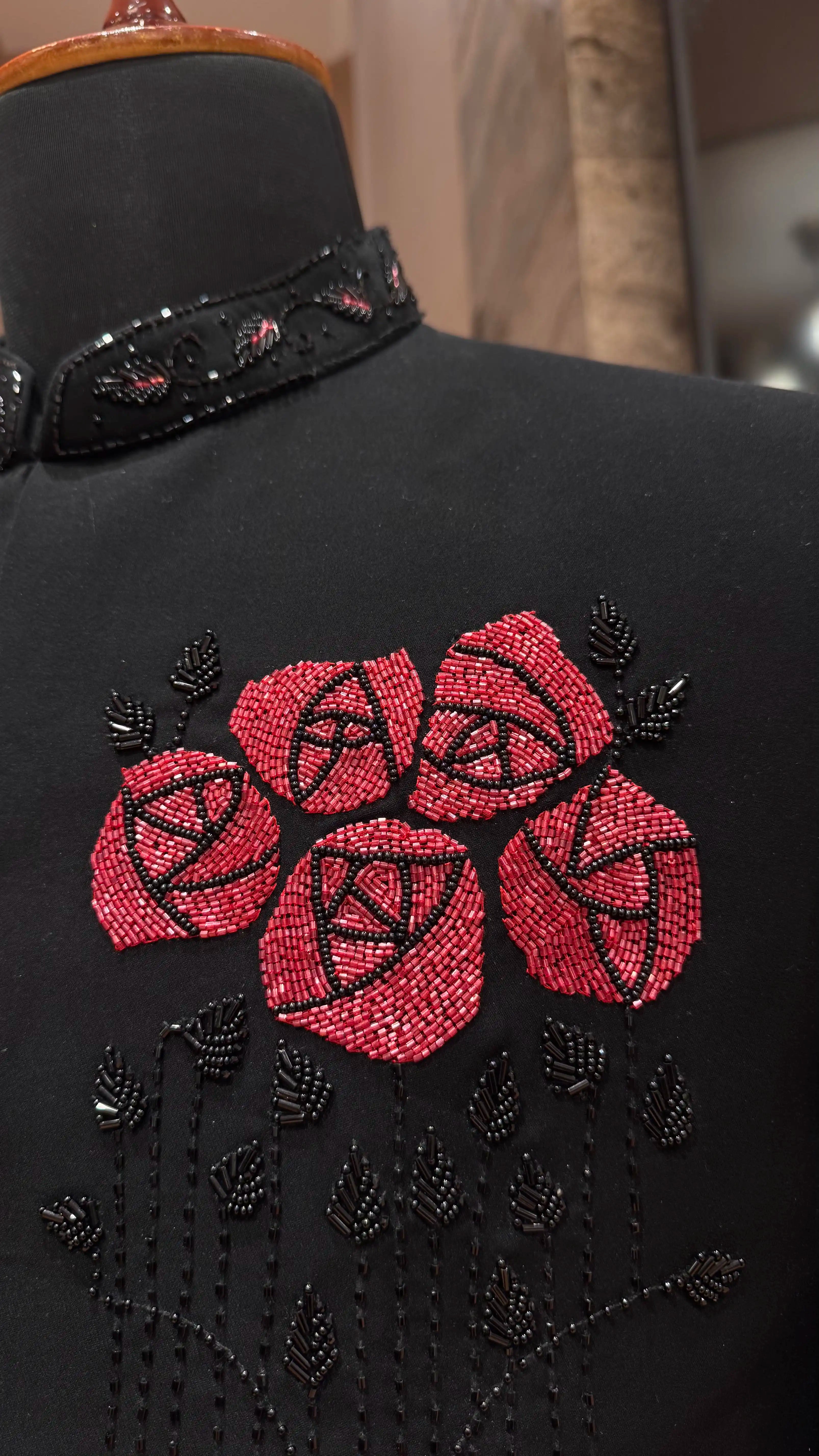 Black bandhgala with red floral motif