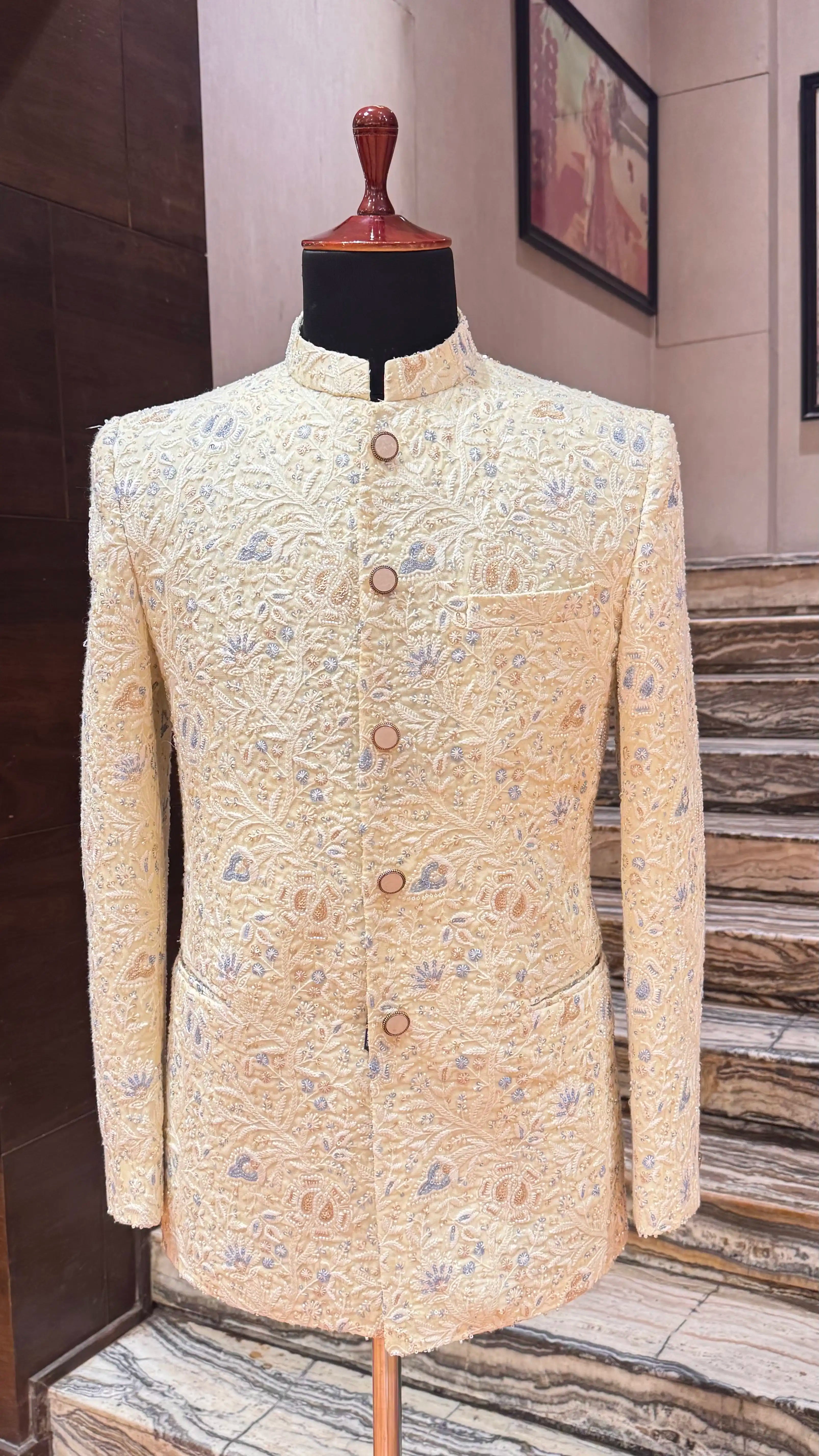 Lemon color bandhgala with embroidery