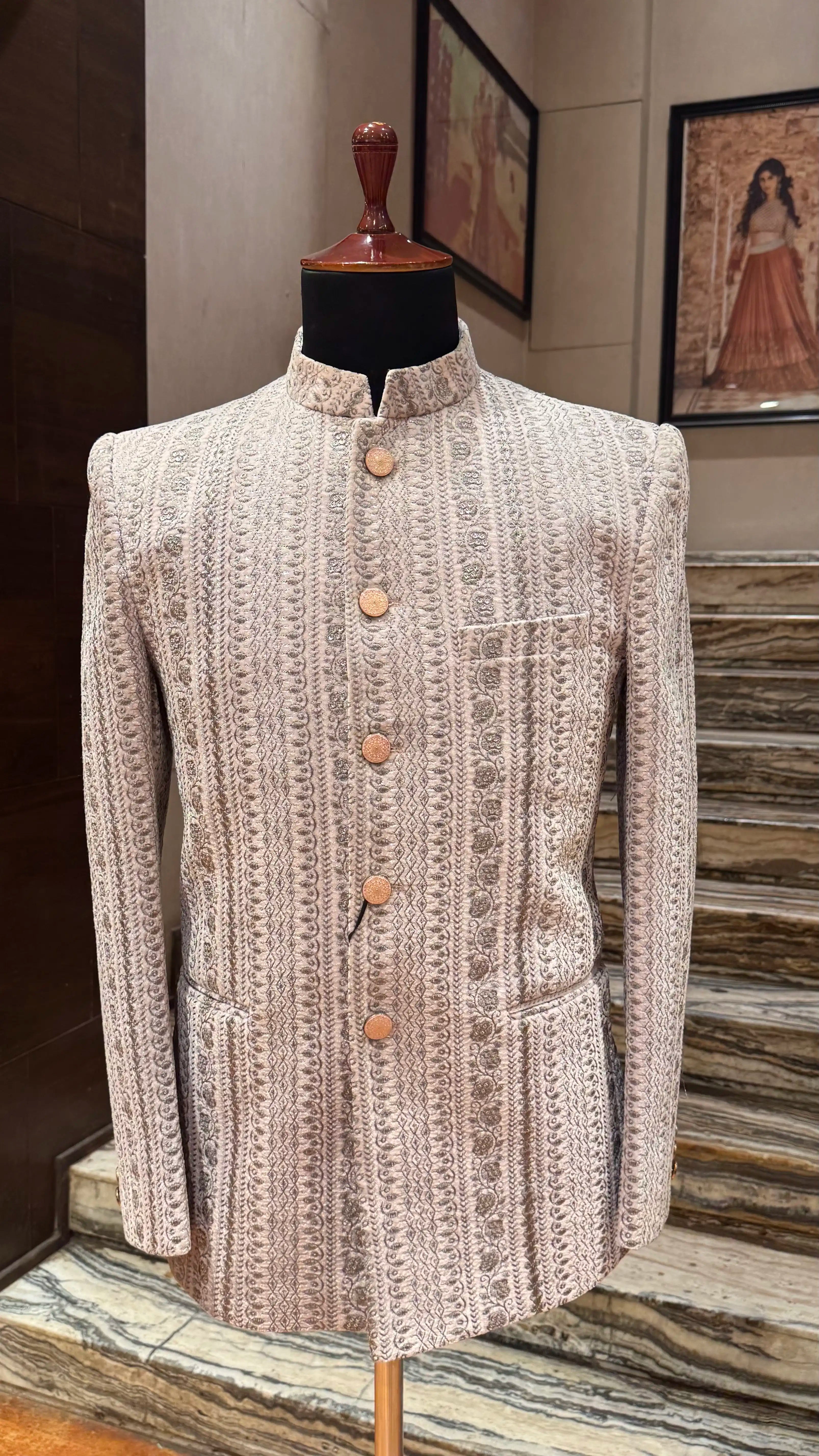Pinkish grey bandhgala with silver embroidery