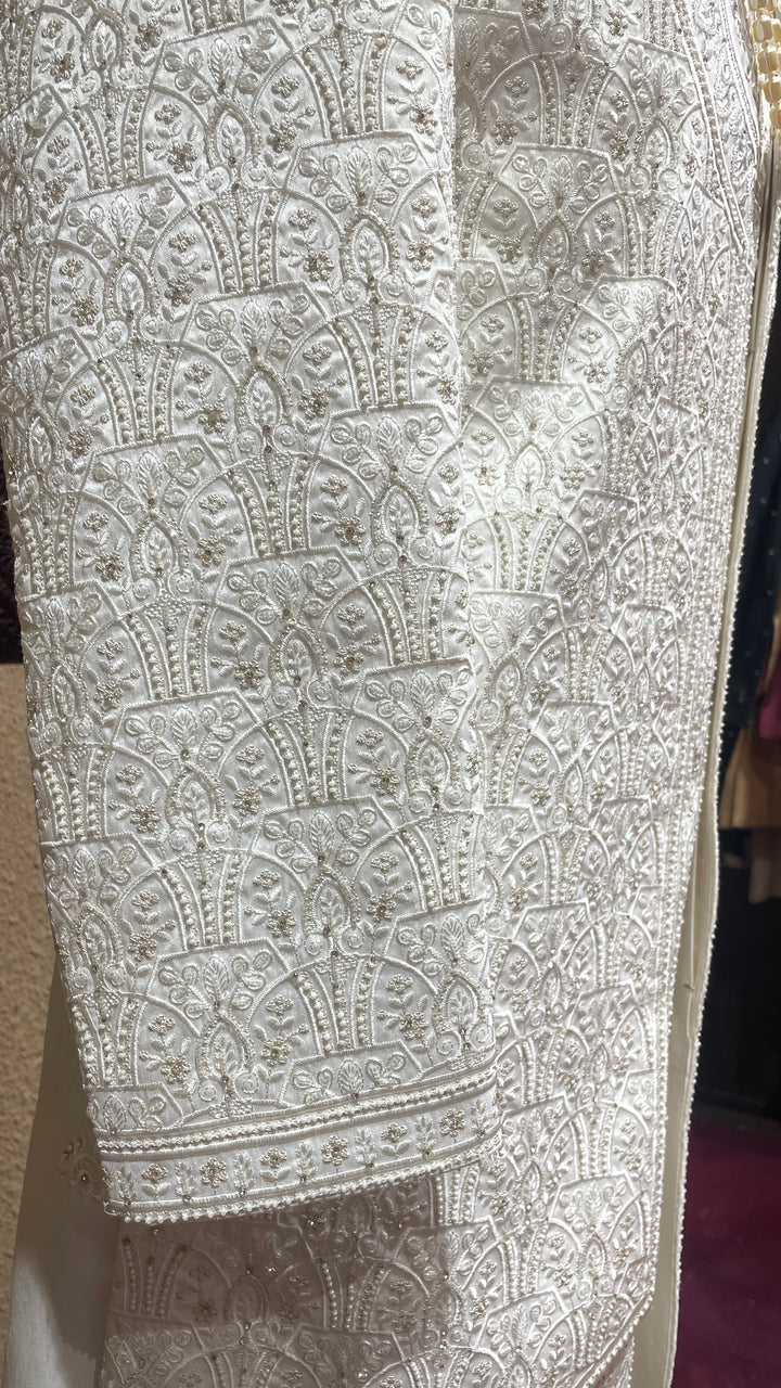 Cream silk sherwani with thread and mirrorwork