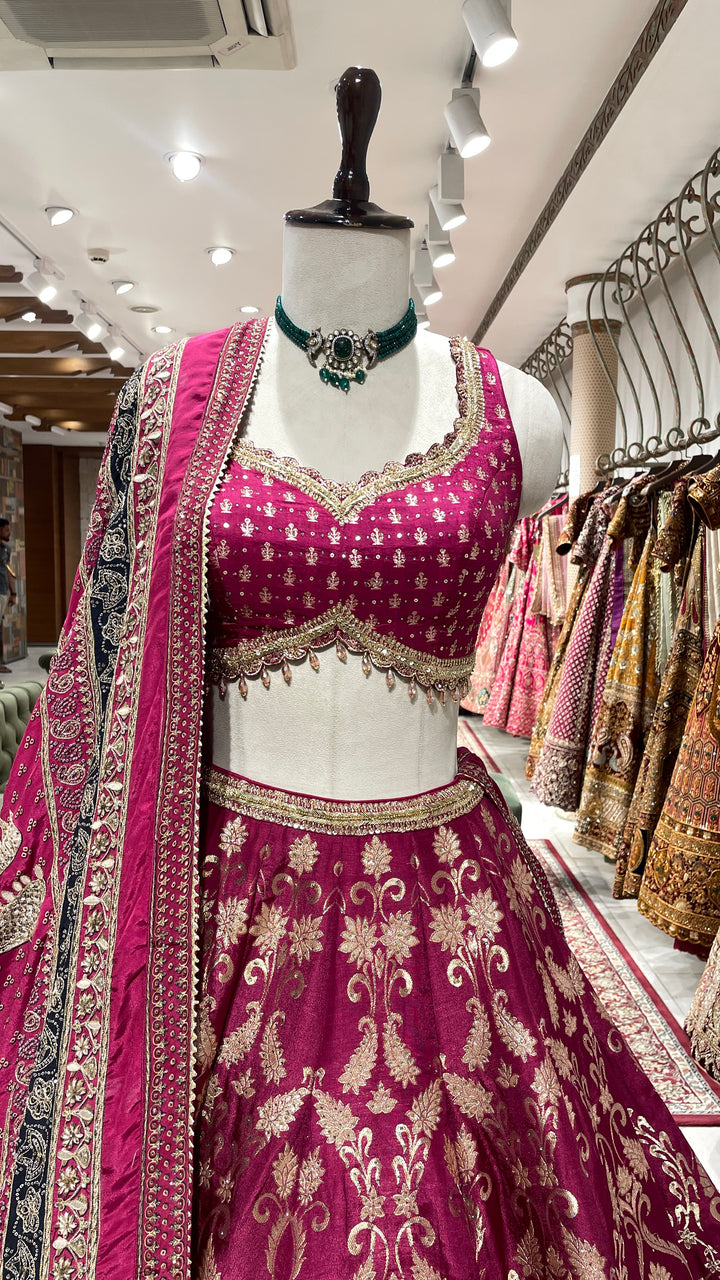 Magenta Banarasi silk lehenga with motifs