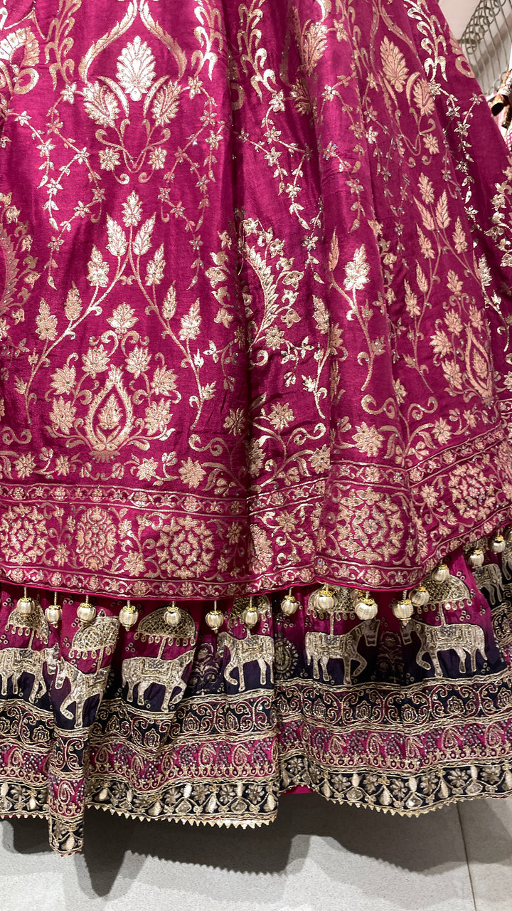 Magenta Banarasi silk lehenga with motifs