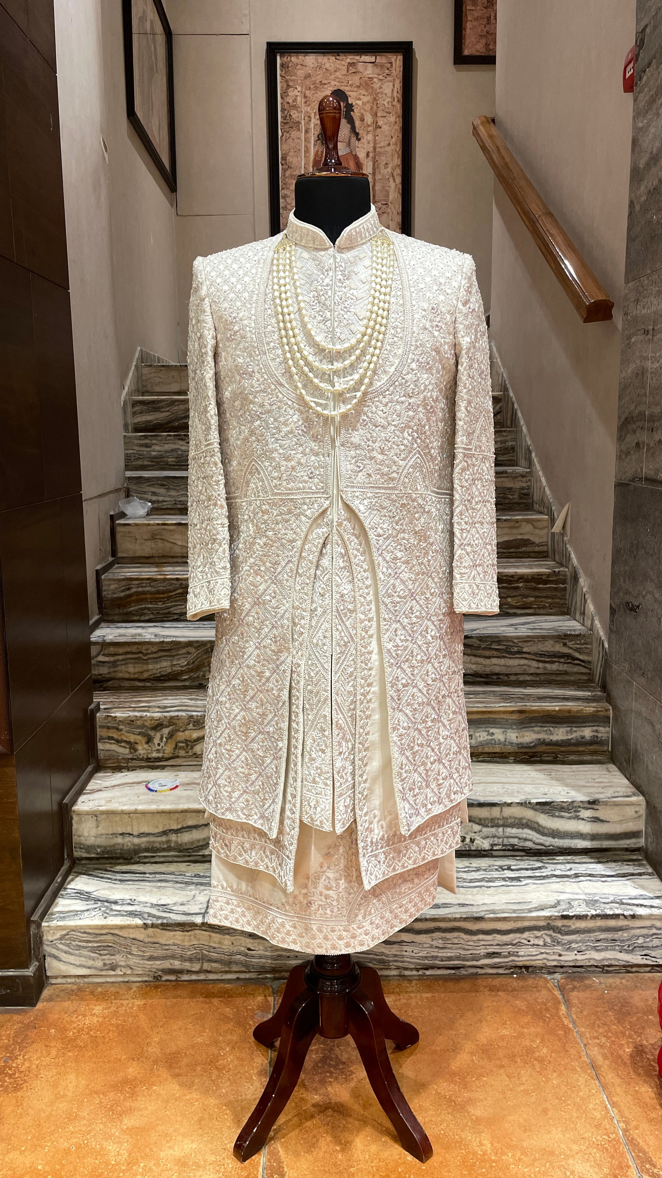 lavender Multilayered Sherwani with geometric design