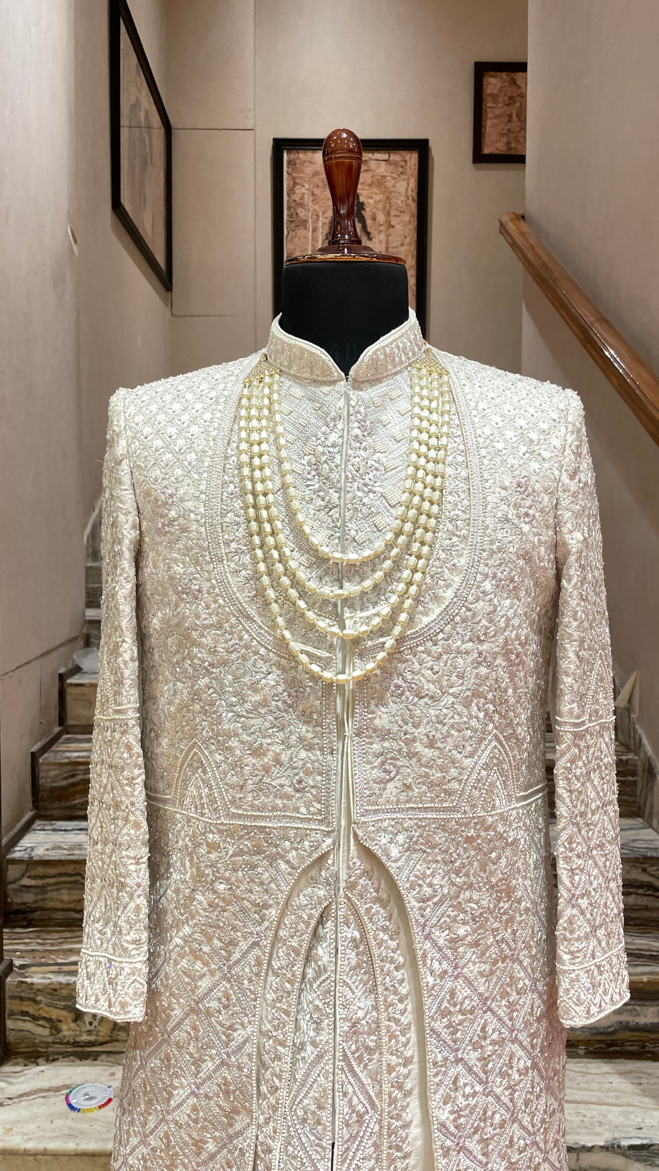 lavender Multilayered Sherwani with geometric design
