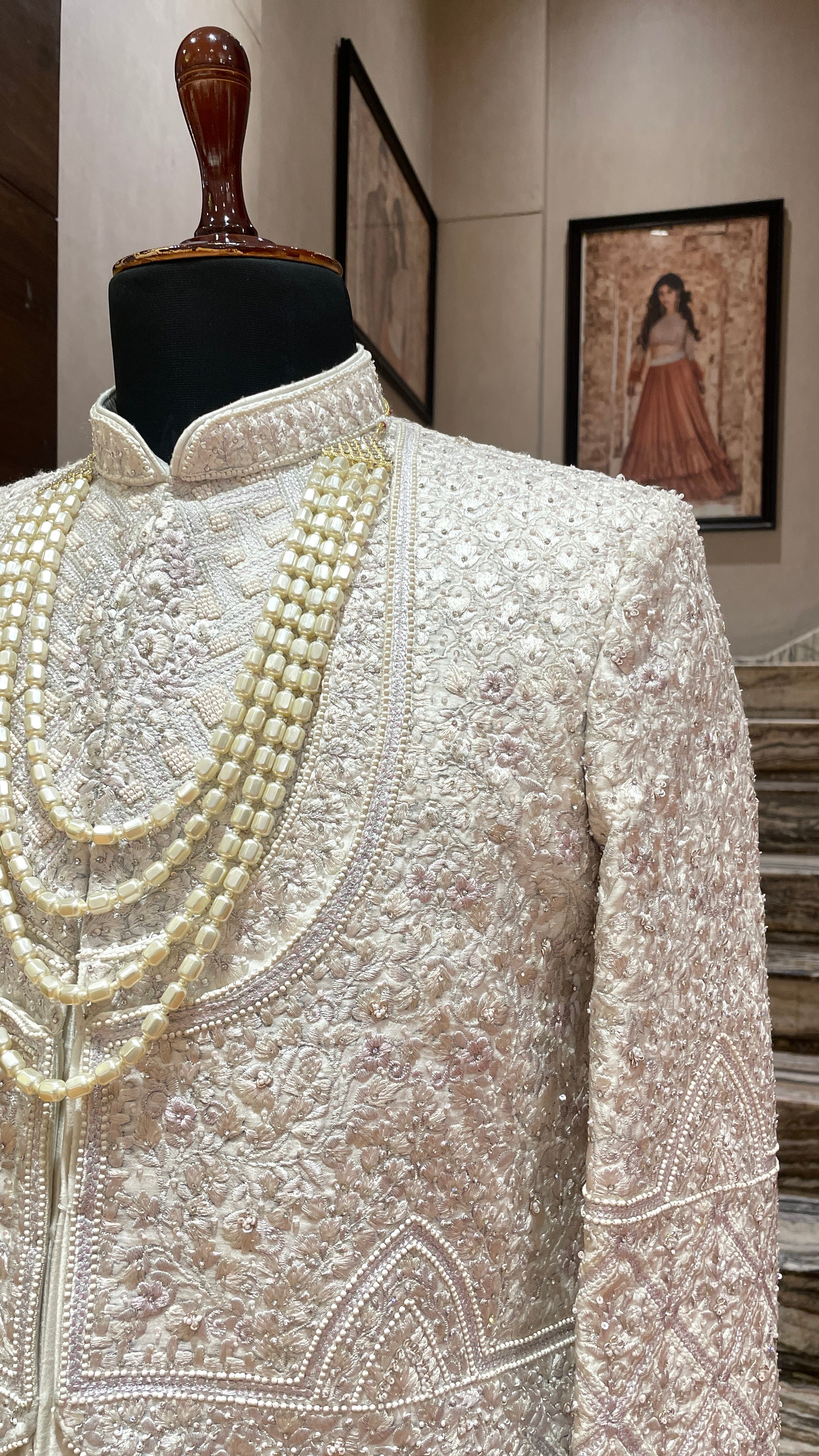 lavender Multilayered Sherwani with geometric design
