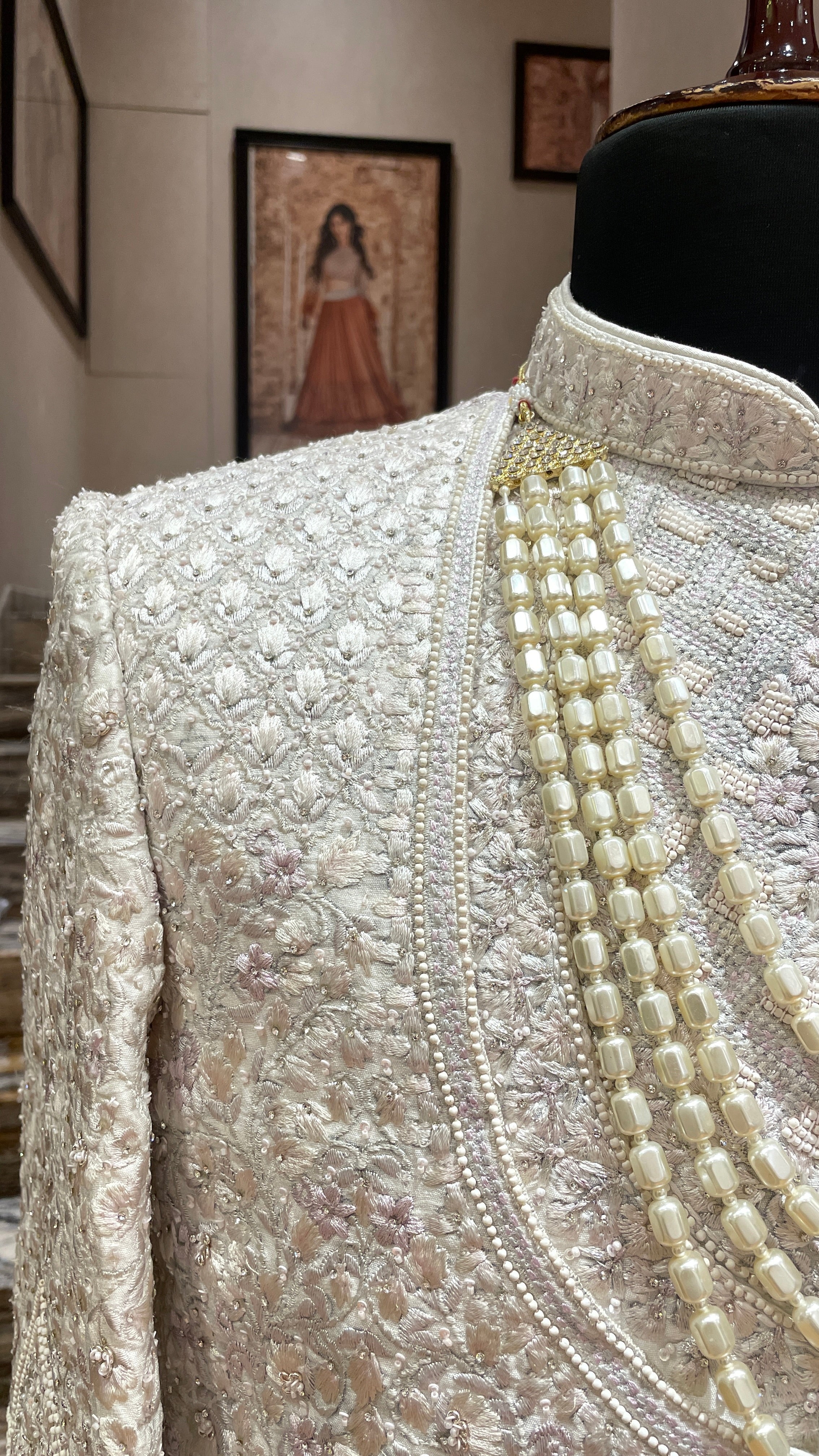 lavender Multilayered Sherwani with geometric design