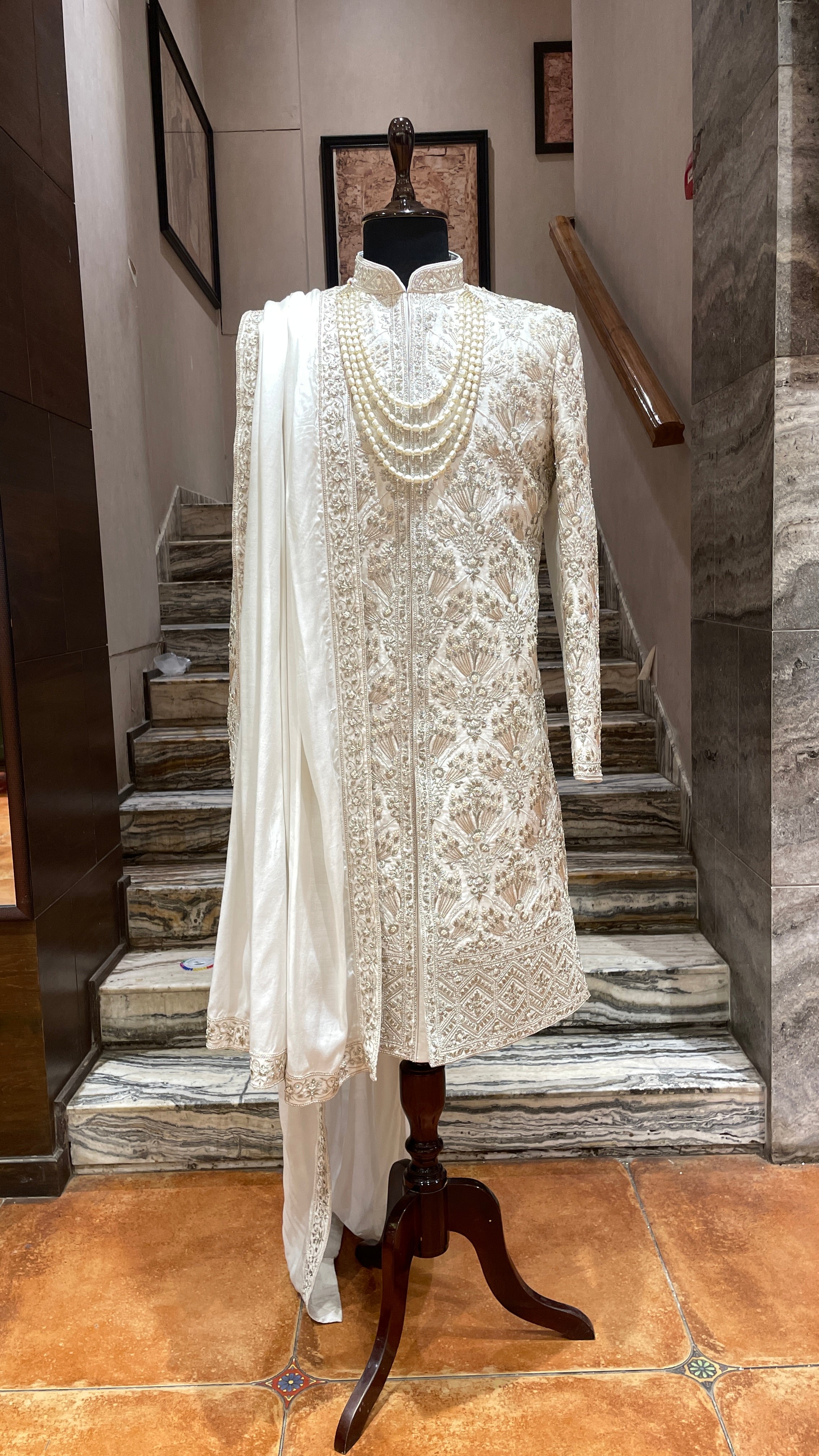 Ivory silk sherwani with motifs