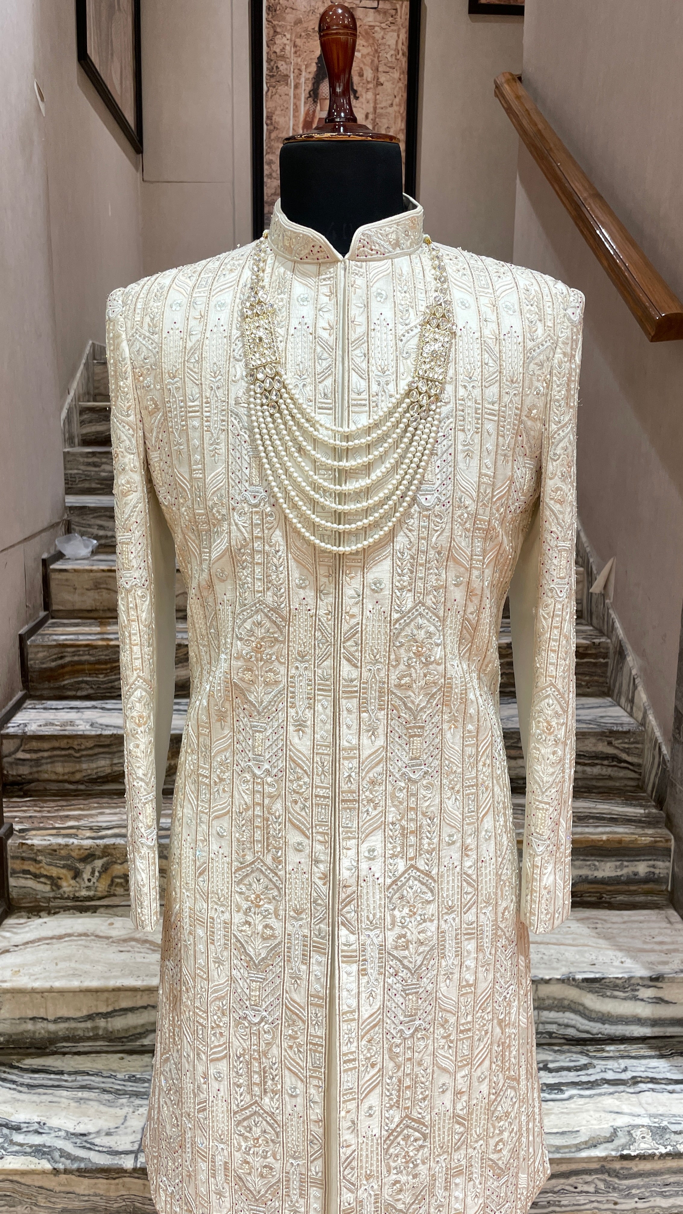 Gold Silk Sherwani with floral motifs