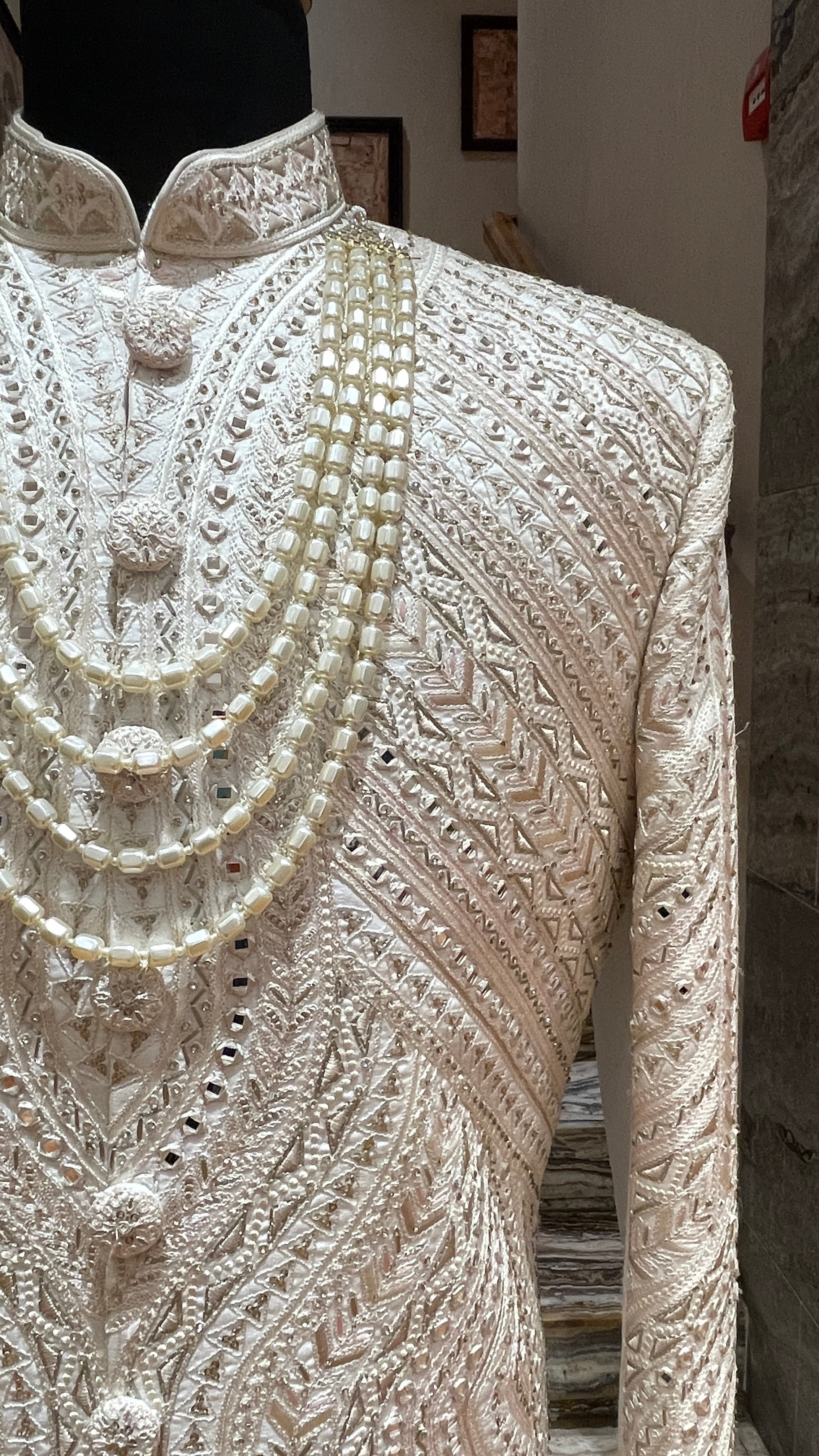 Ivory silk sherwani with mirrorwork