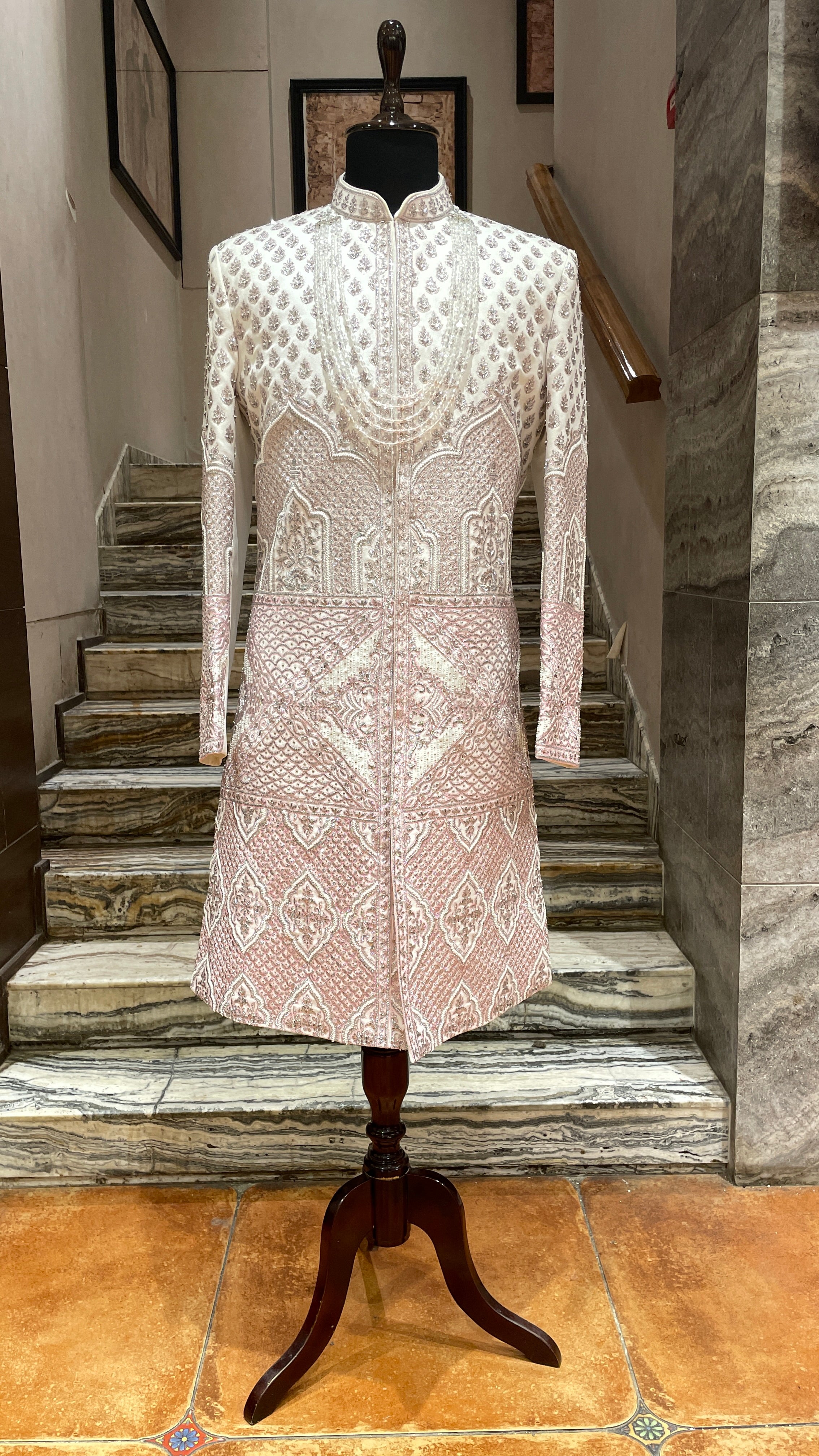 Ivory silk sherwani with pink and silver embroidery