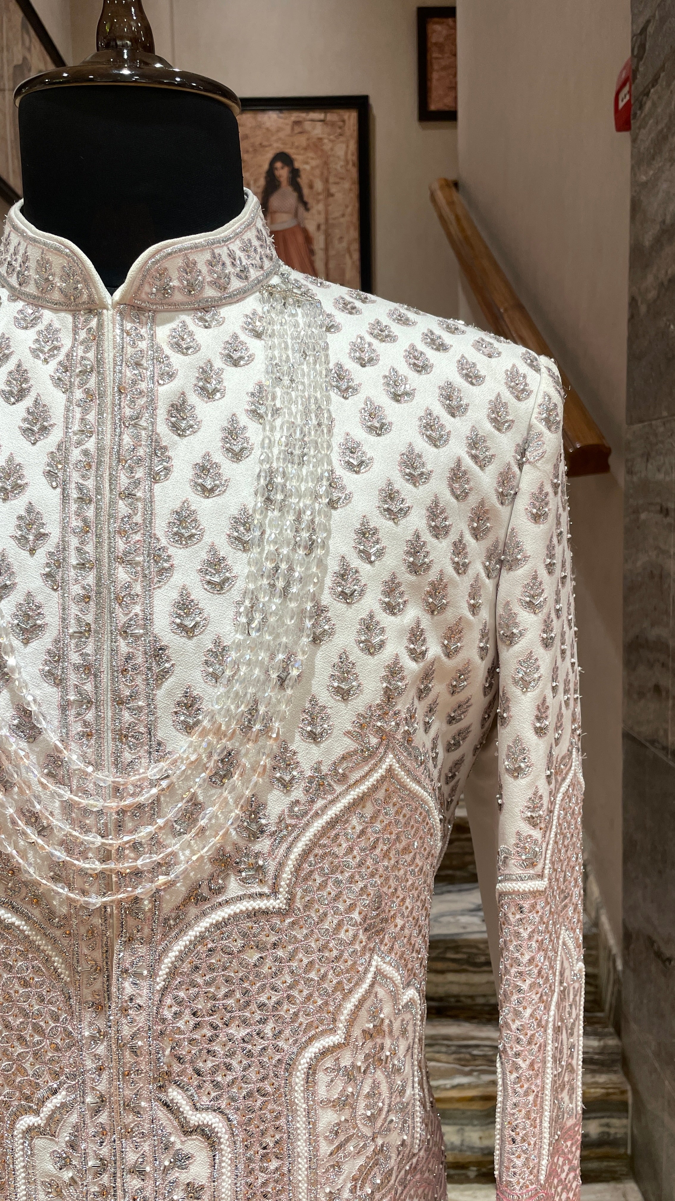 Ivory silk sherwani with pink and silver embroidery