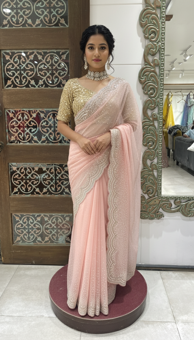 Pastel Pink Scalloped Sequin Border Net Saree