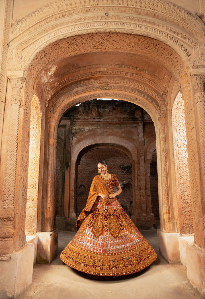 Lustrous Rusted Silk Bridal Lehenga with Sequins and Delicate Floral Motifs