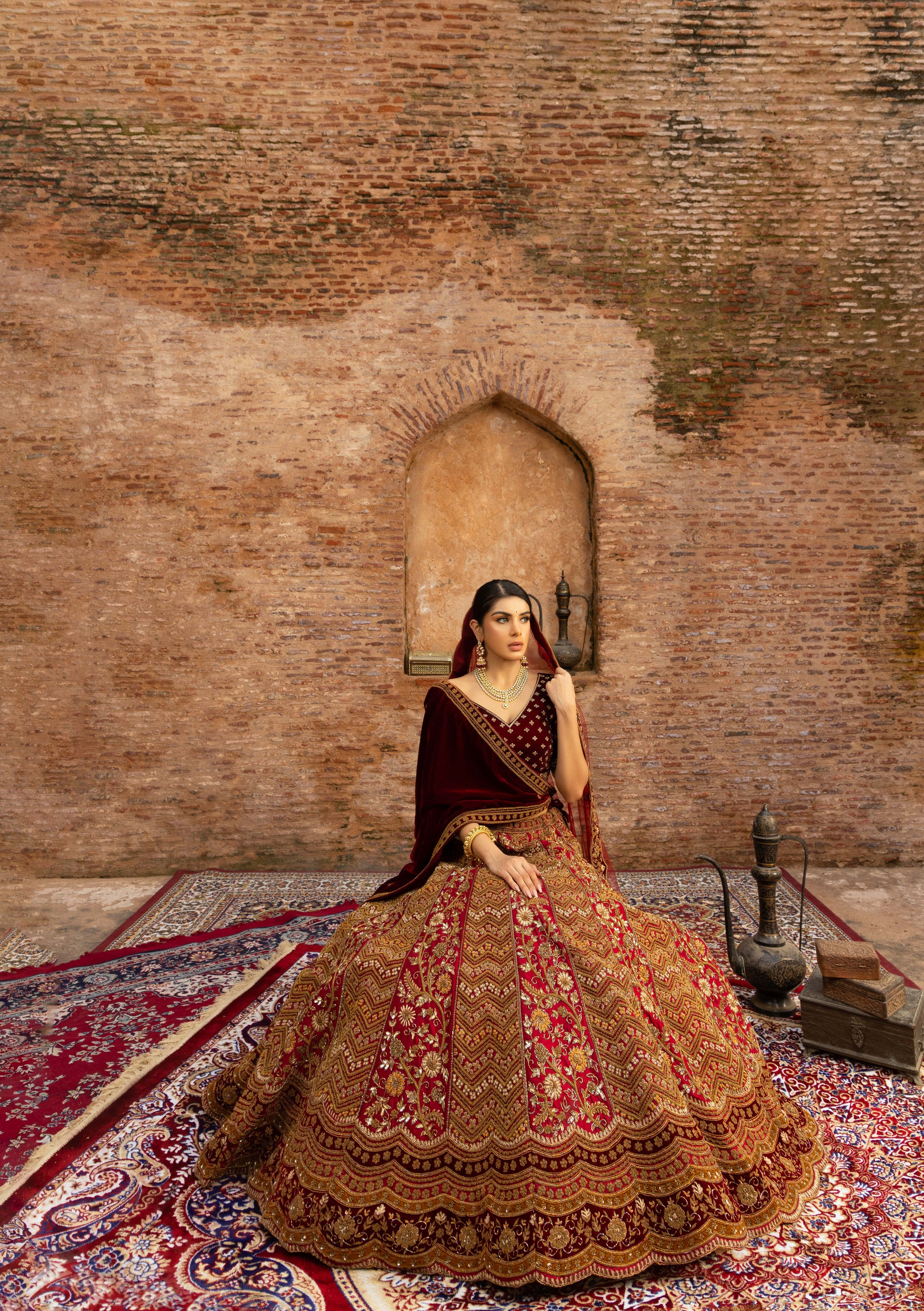 Maroon Bridal Lehenga with Pot Sequins and Velvet Dupattas