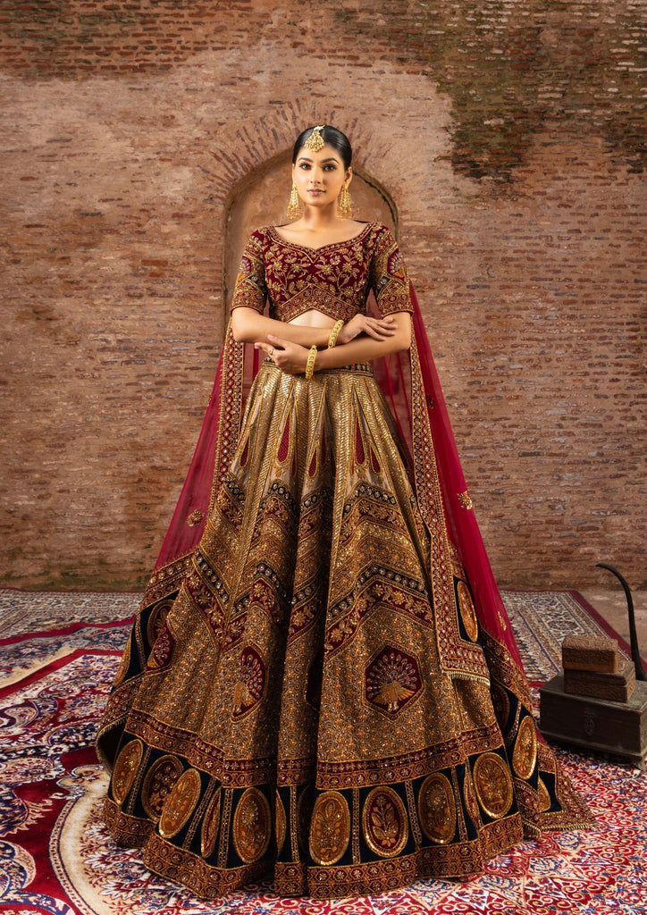 Bridal, Wedding Beige and Brown color Velvet fabric Lehenga : 1898985