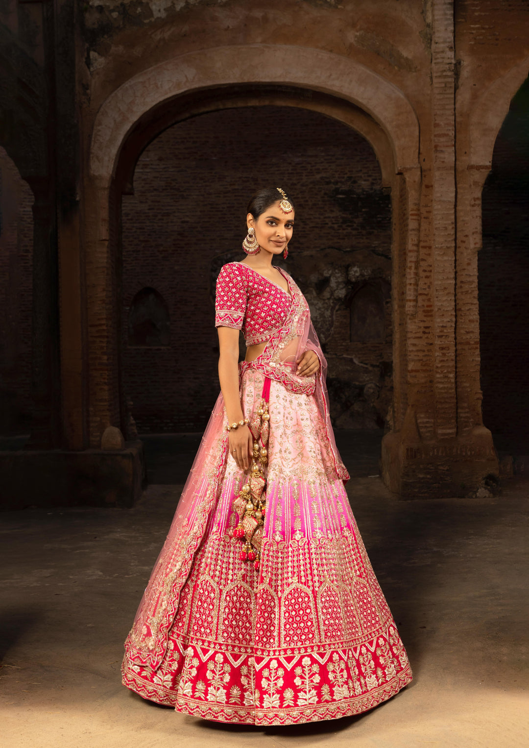 Pink Ombre Silk bridal lehenga with Sequins and Jaalwork