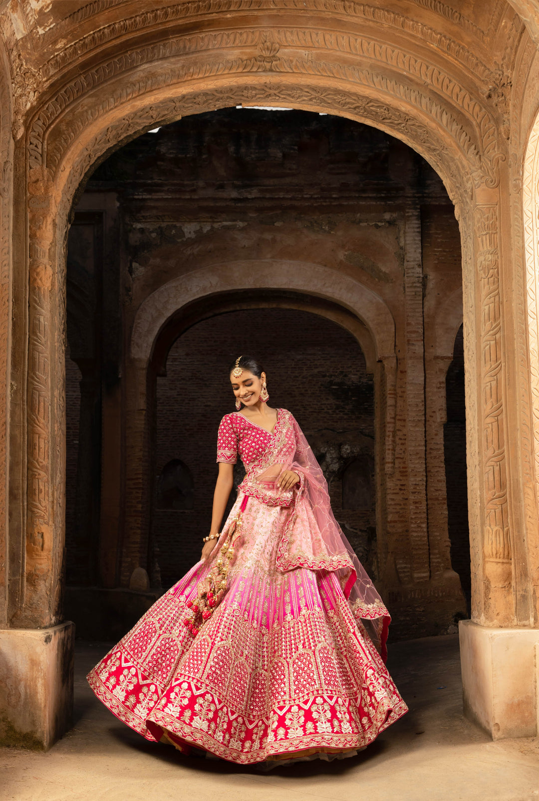 Pink Ombre Silk bridal lehenga with Sequins and Jaalwork