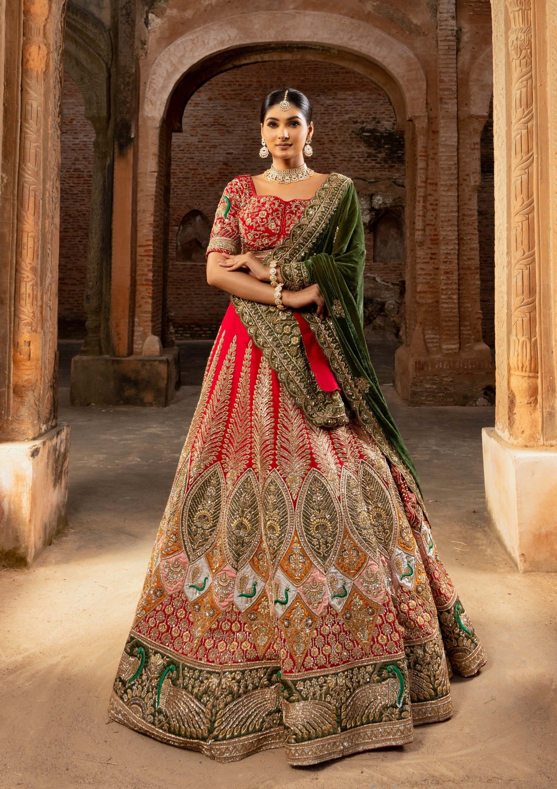 Enchanting Red Velvet Bridal Lehenga with Multi-Color Embroidery – Bhasin  Bros