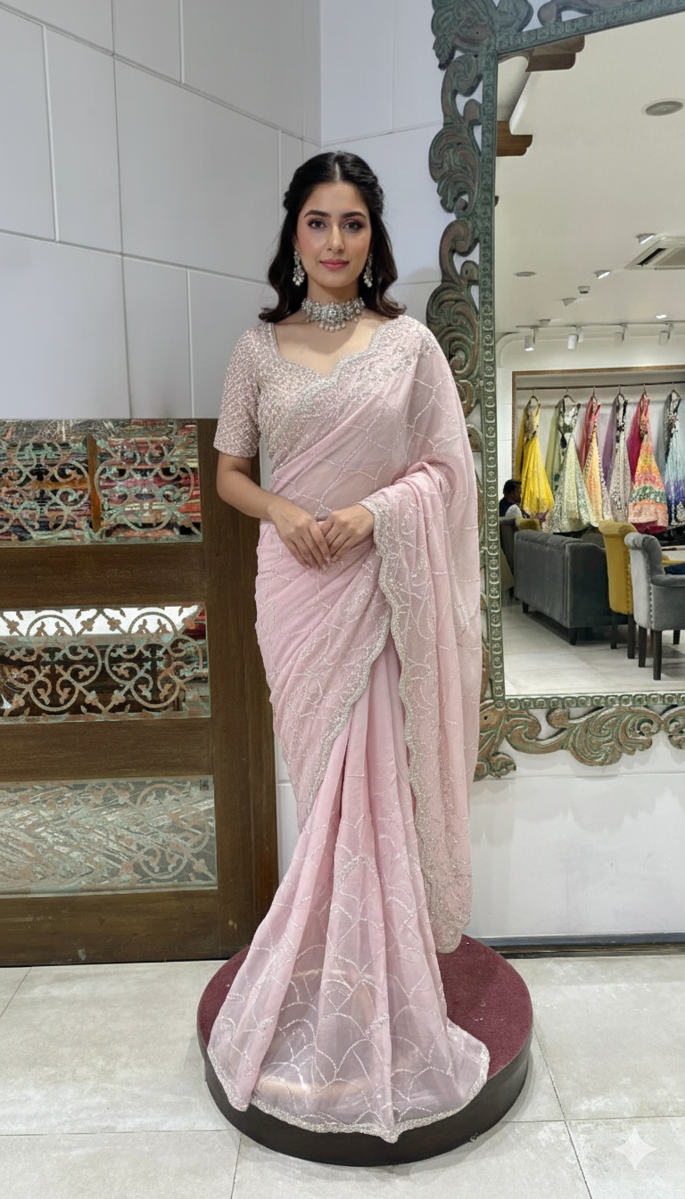 Pink Saree with Golden Embroidery and Sequined Blouse