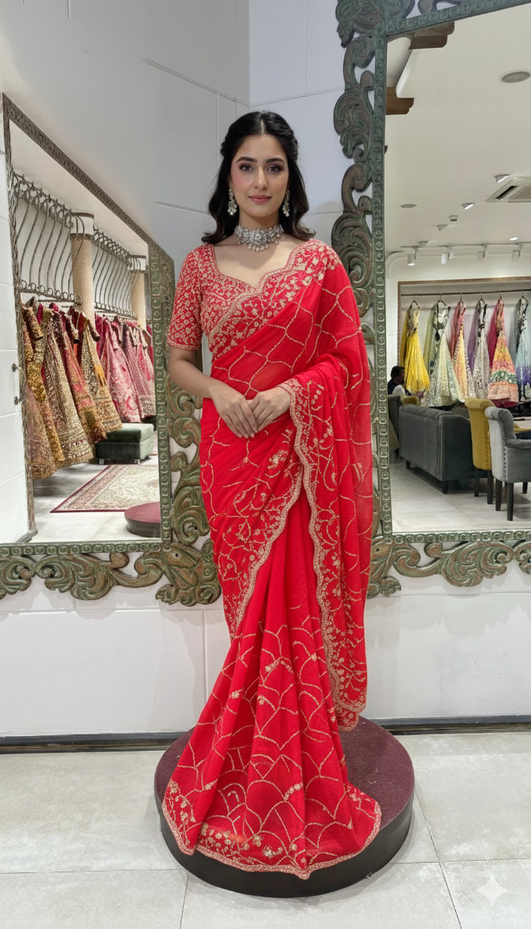 Red Saree with Golden Embroidery and Embellished Blouse