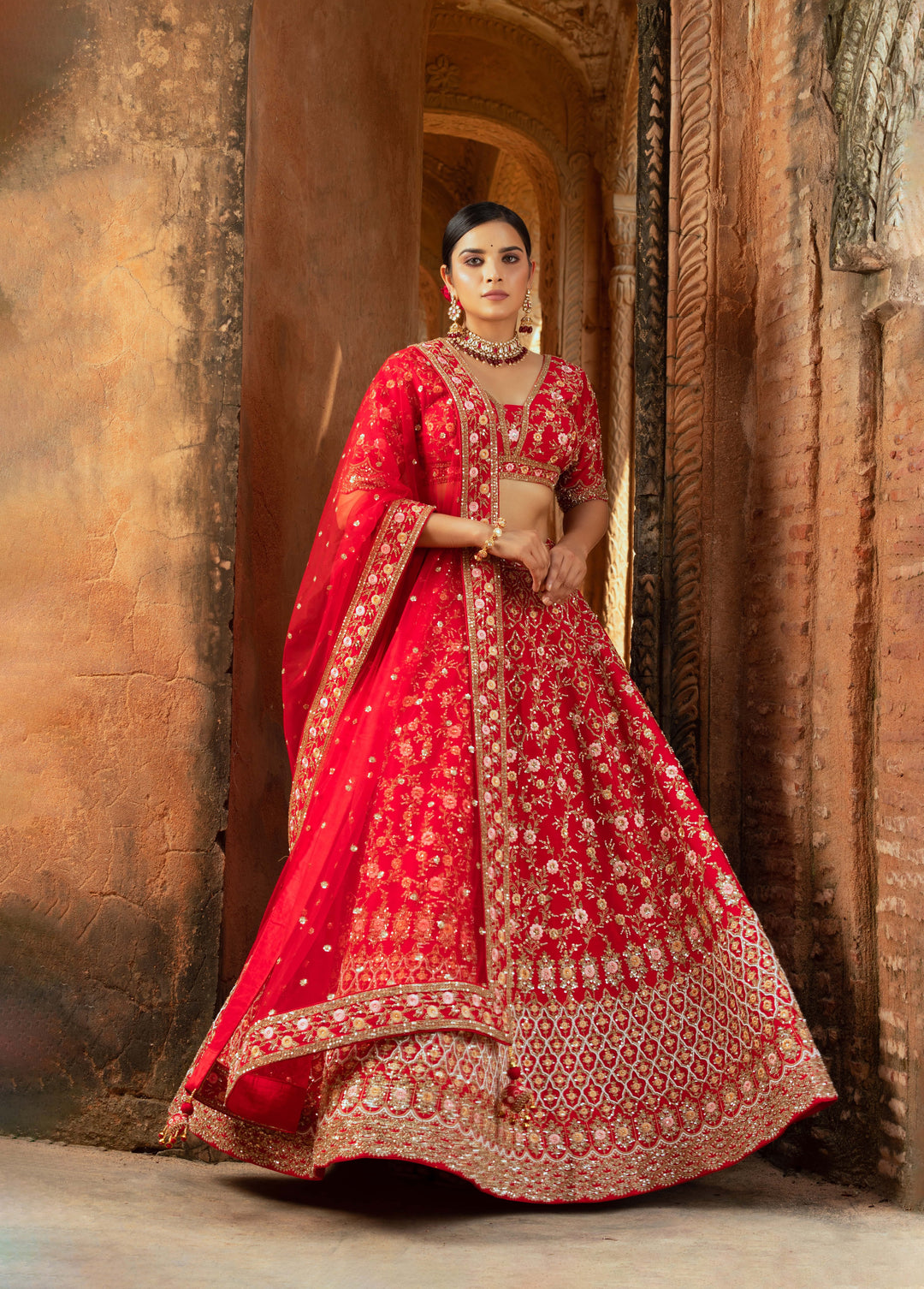 Red Silk Bridal Lehenga with Sequins, Cutdana, and Hand-Embroidery