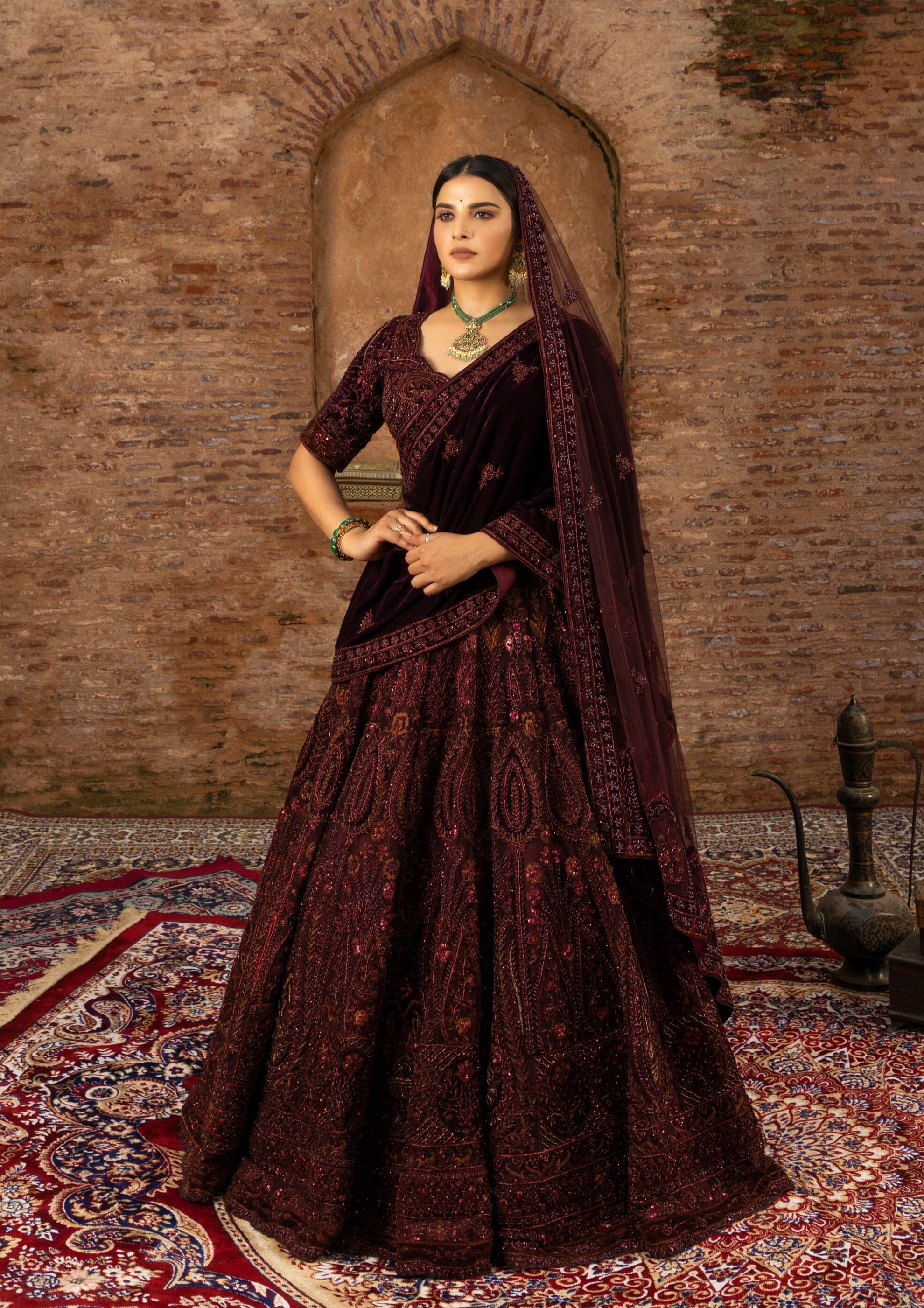 Regal Maroon Bridal Lehenga in Net and Velvet with Hand-Embroidery