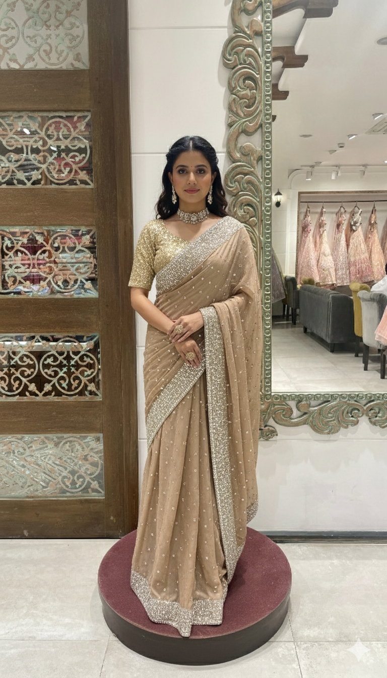 brown Saree with Pearl Embellished Border and Golden Blouse