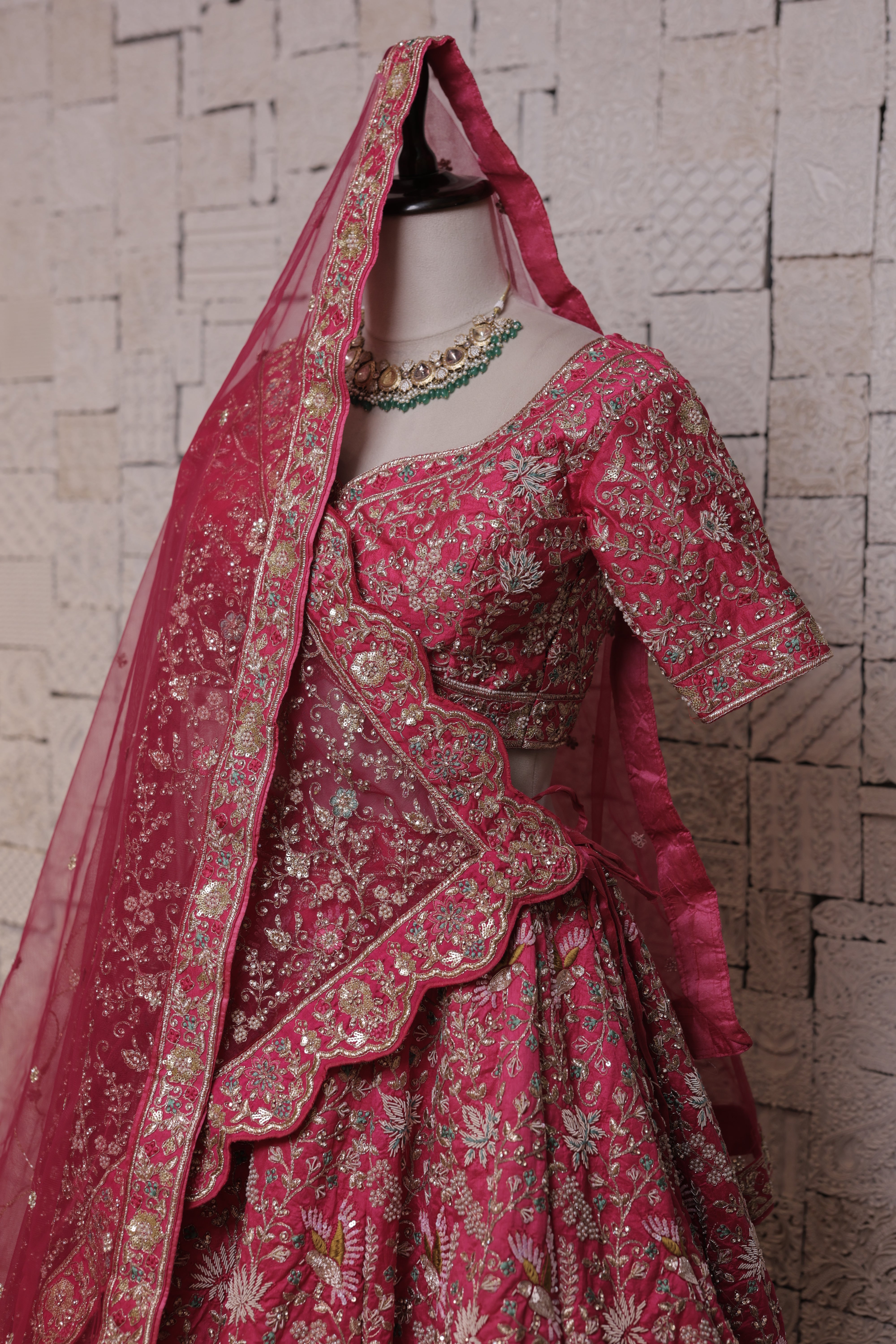 Rani bridal lehenga with flower & bird embroidery design