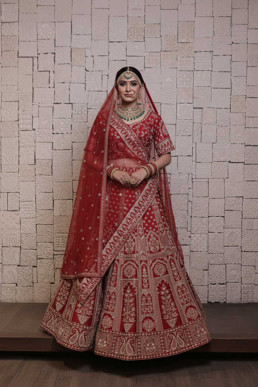 Red Cherry Bridal Lehenga with Flower Pot Embroidery