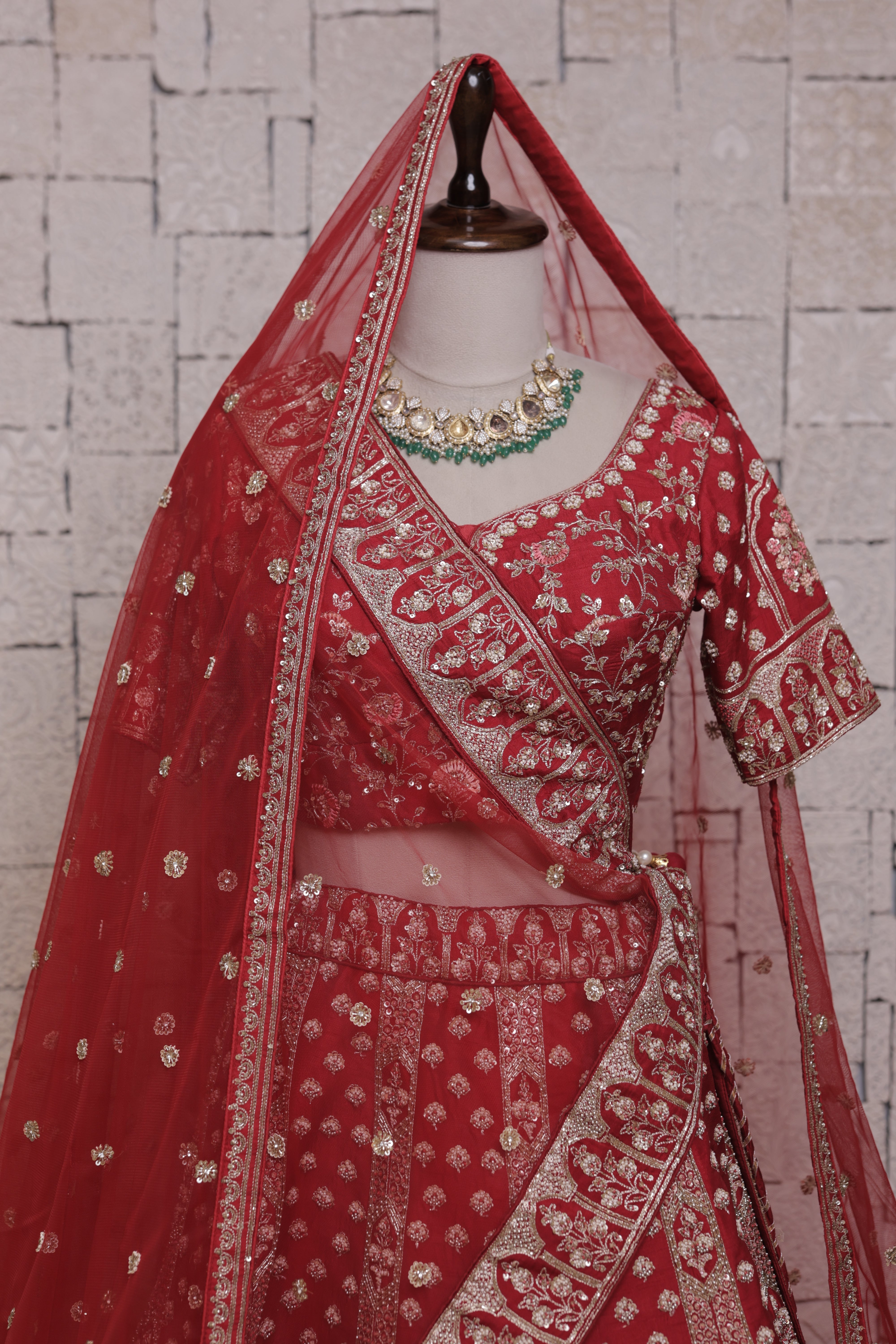 Red Cherry Bridal Lehenga with Flower Pot Embroidery