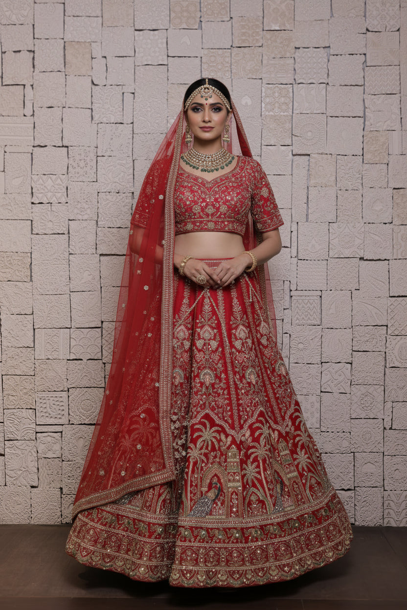 Red Bridal Lehenga with Tree & Mor Embroidery