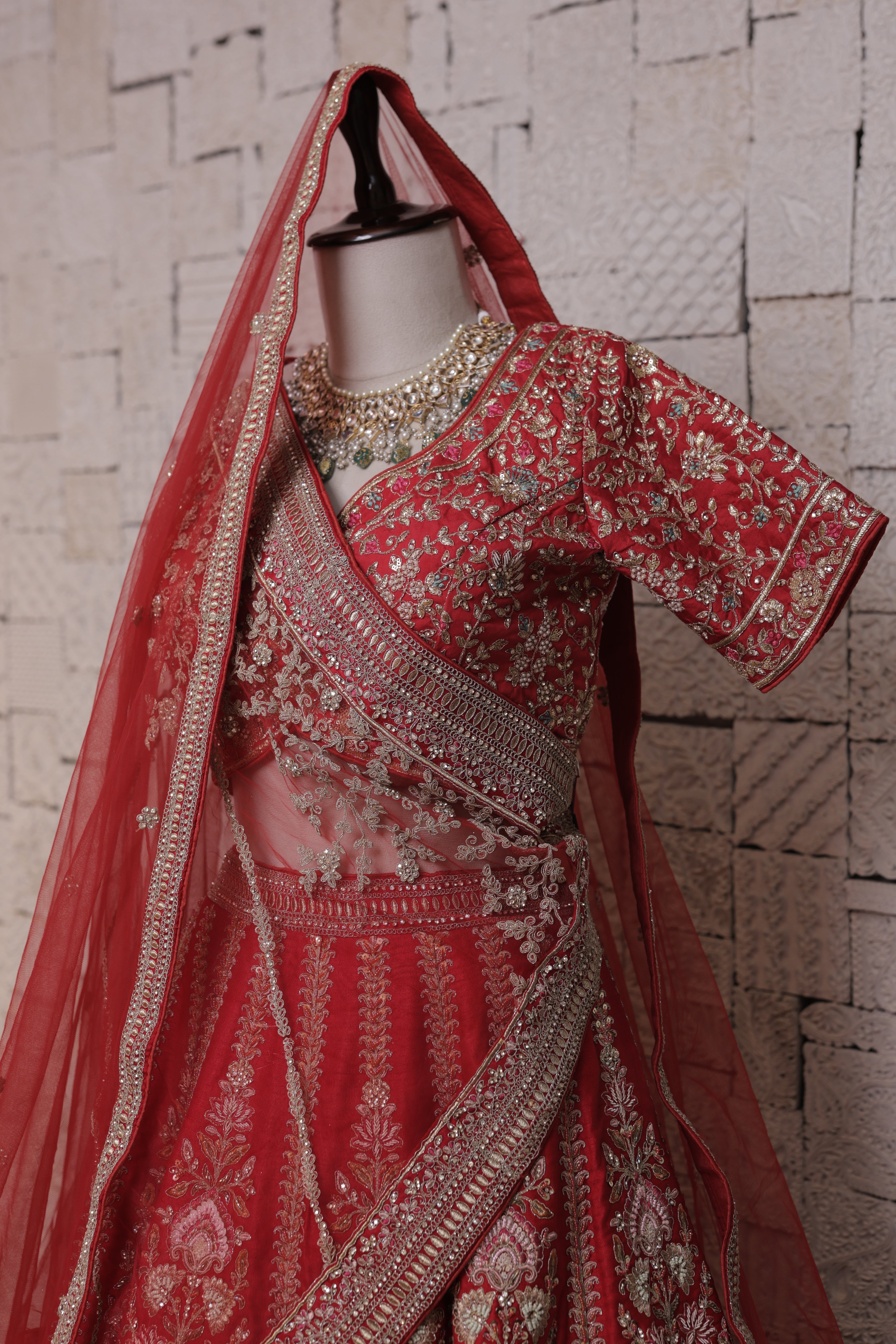 Red Bridal Lehenga with Tree & Mor Embroidery