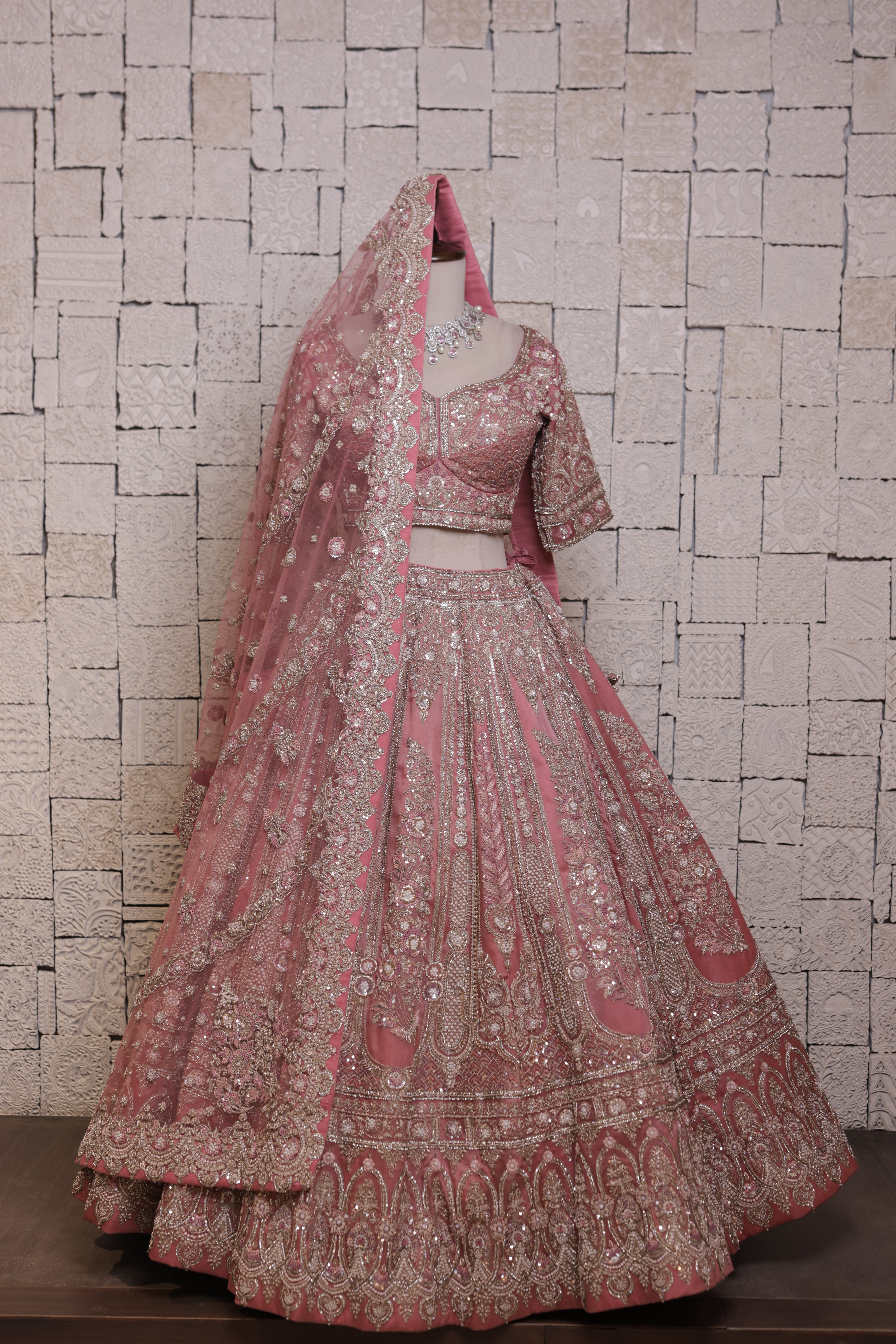 Pink Embroidered Bridal Lehenga Choli with Silver Beadwork