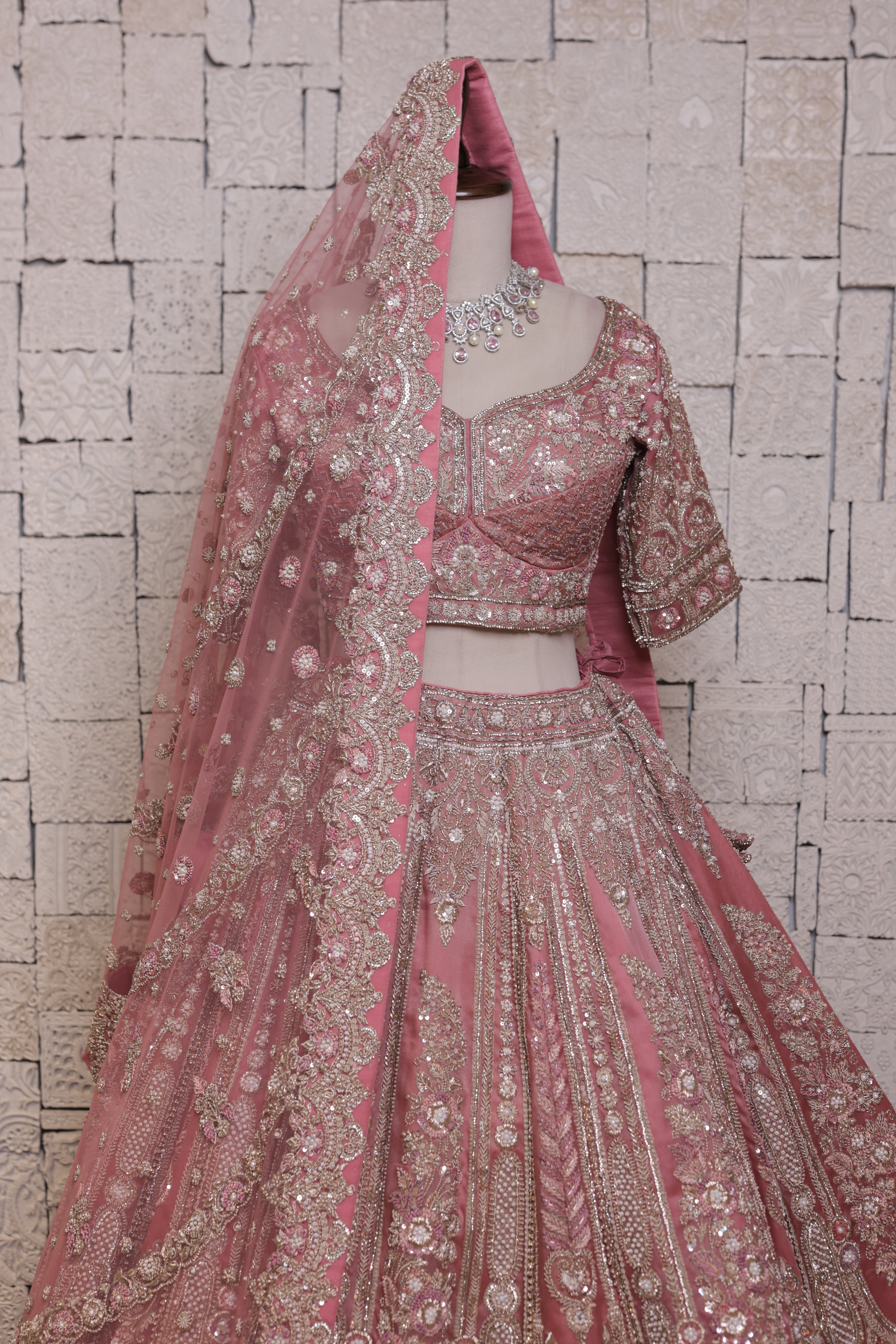 Pink Embroidered Bridal Lehenga Choli with Silver Beadwork