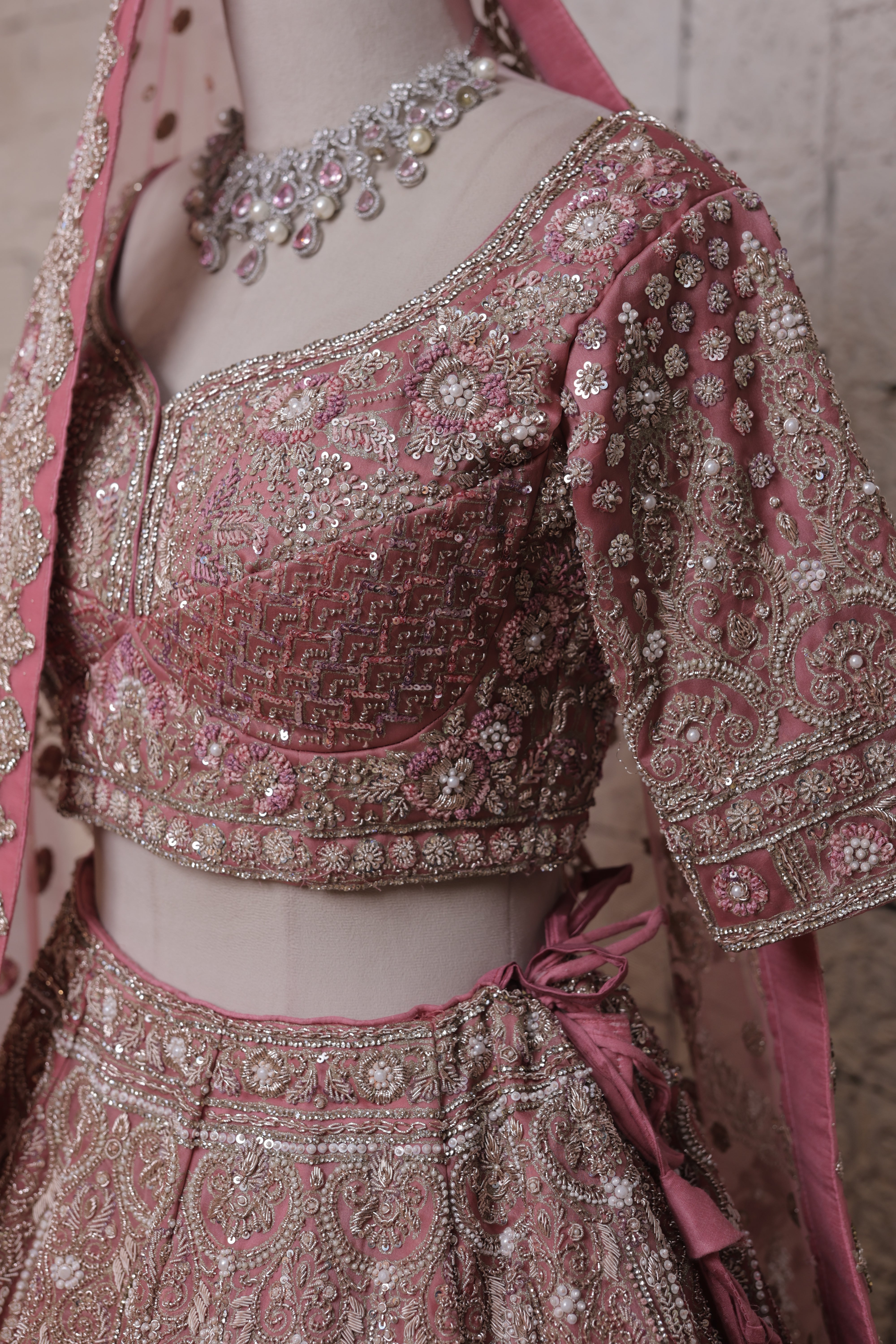 Pink Embroidered Bridal Lehenga Choli with Silver Beadwork