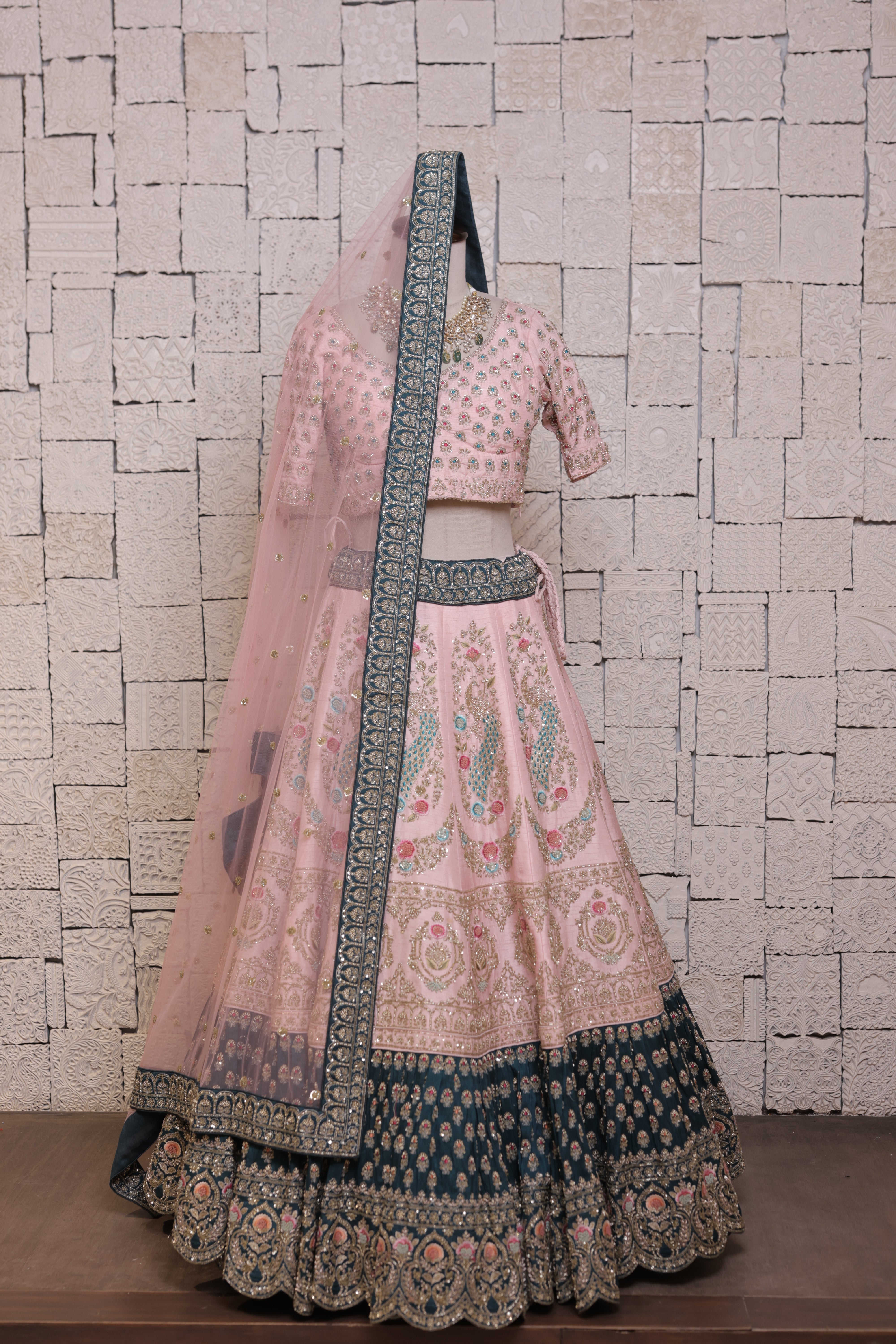 Peach Grey Bridal Lehenga with Peacock Embroidery – Zari, Thread & Sequin Detailing