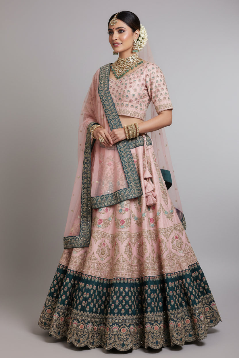 Peach Grey Bridal Lehenga with Peacock Embroidery – Zari, Thread & Sequin Detailing