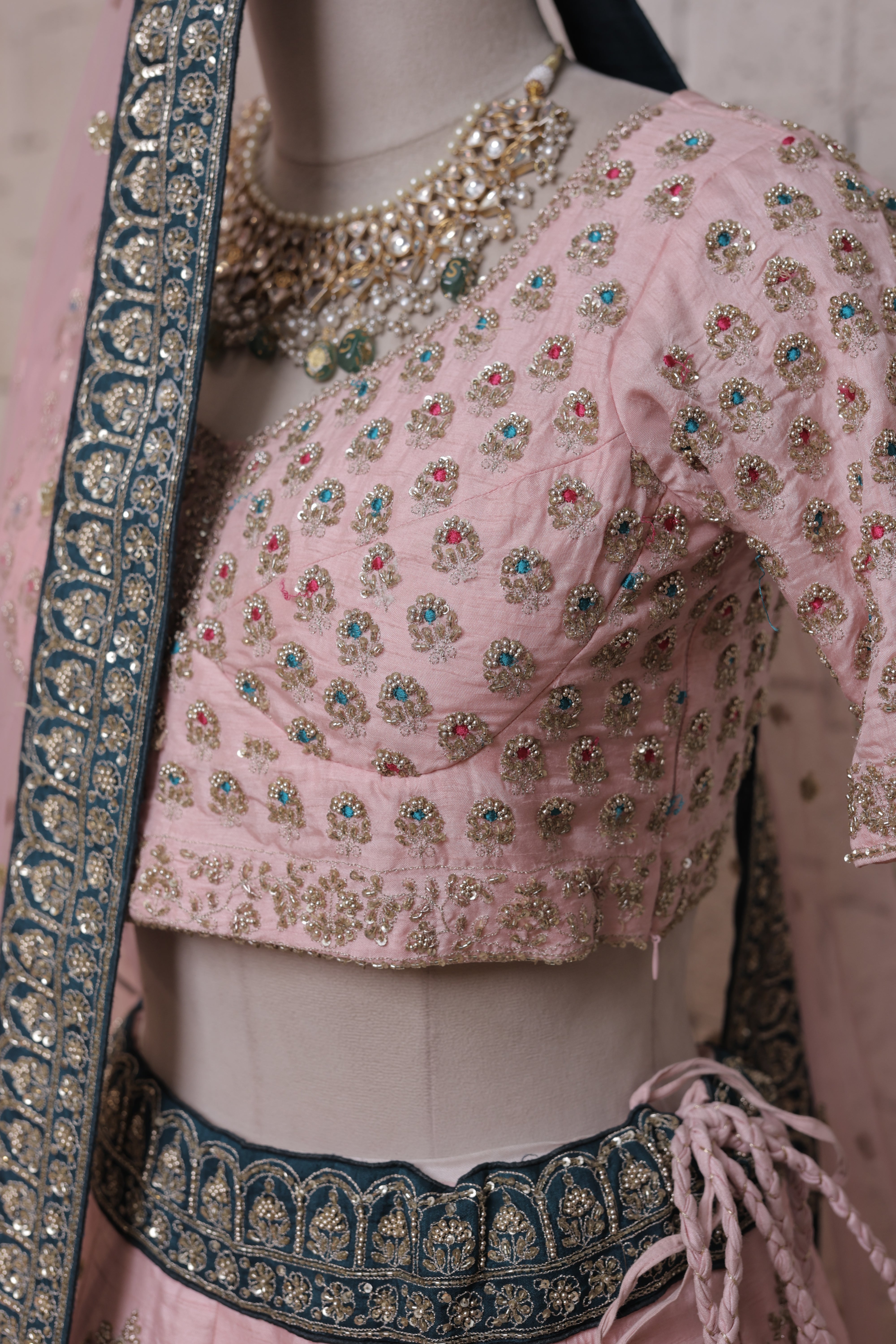 Peach Grey Bridal Lehenga with Peacock Embroidery – Zari, Thread & Sequin Detailing