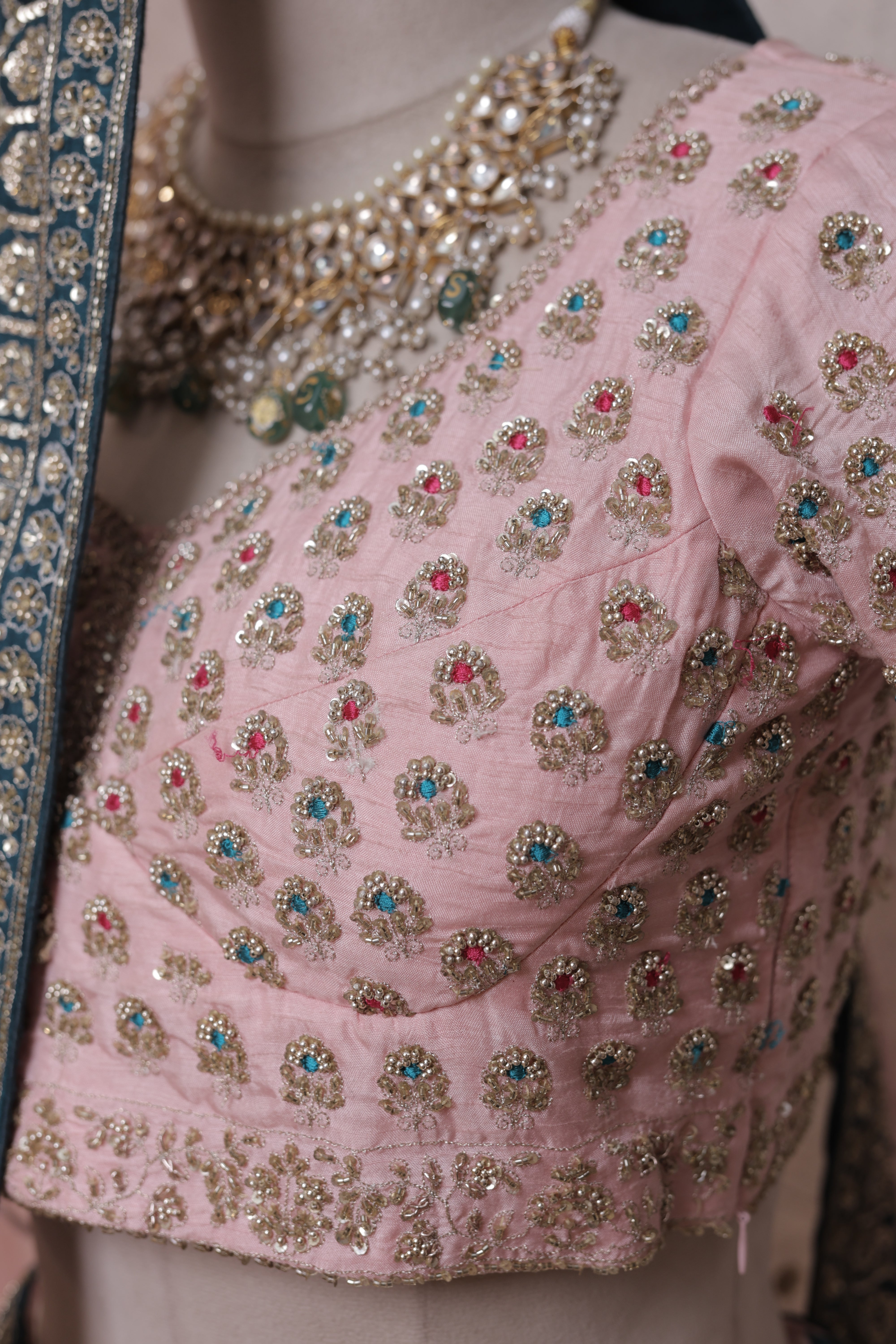 Peach Grey Bridal Lehenga with Peacock Embroidery – Zari, Thread & Sequin Detailing