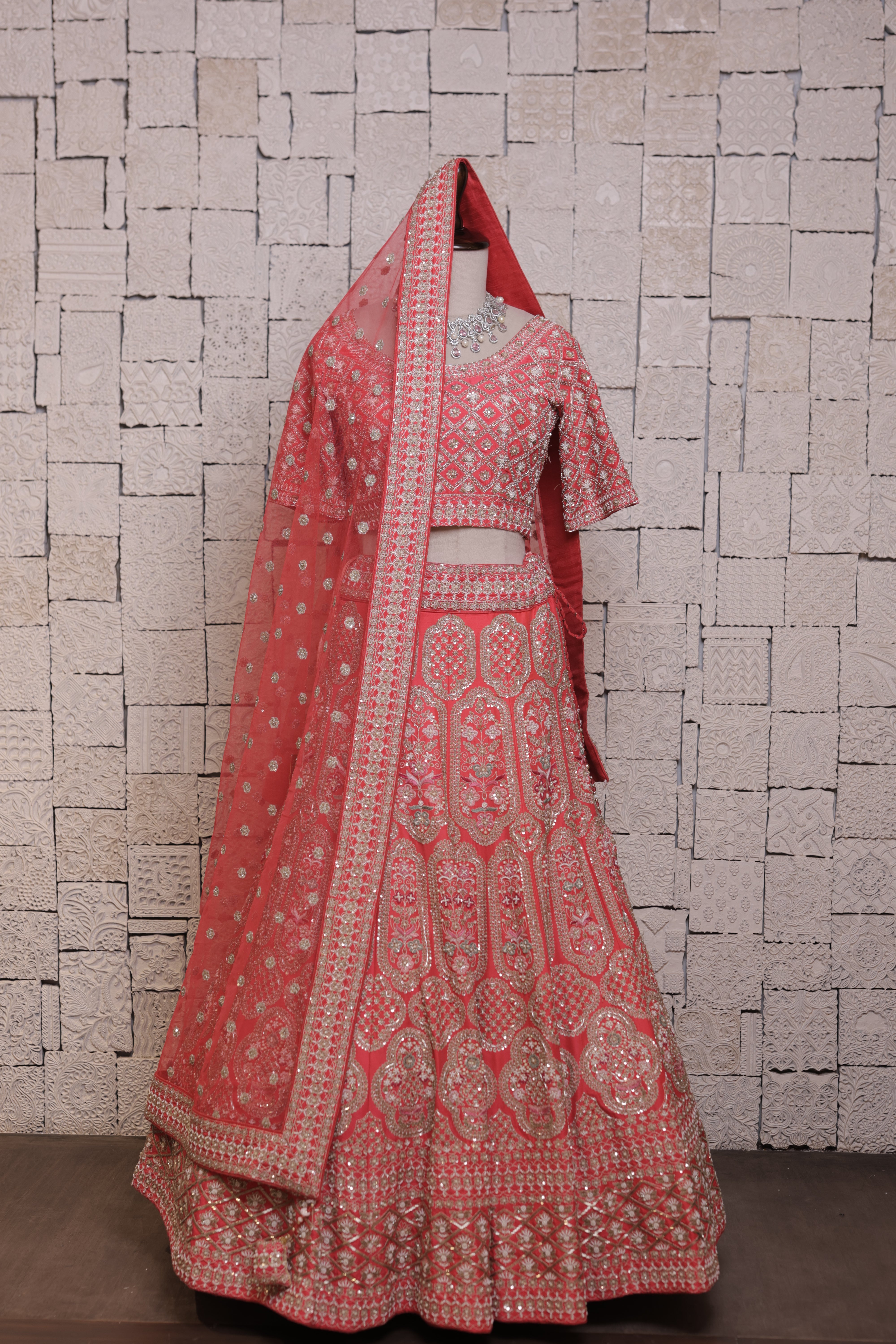 Red Bridal Lehenga with Floral Embroidery – Zari, Thread & Sequin Detailing