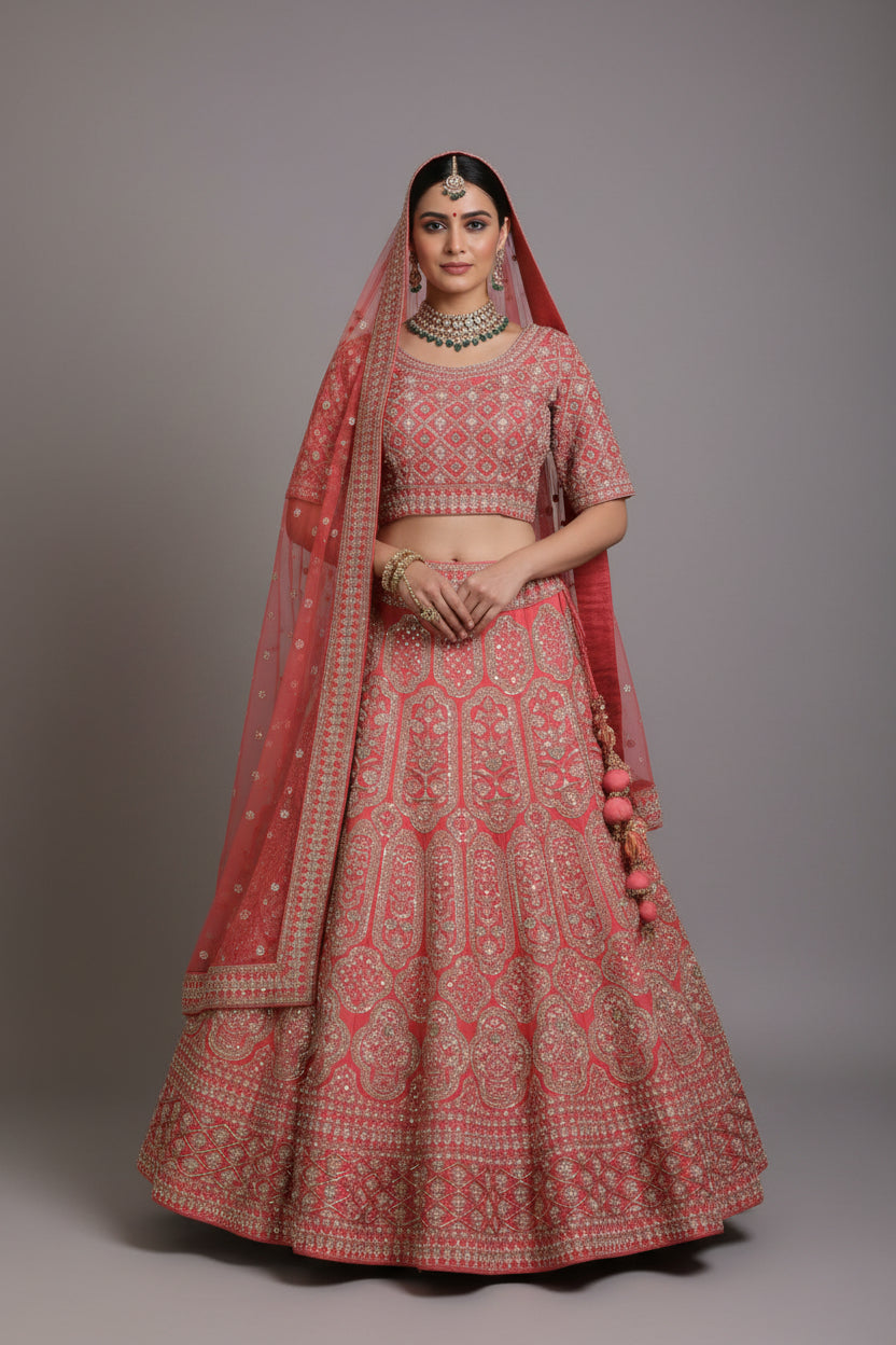 Red Bridal Lehenga with Floral Embroidery – Zari, Thread & Sequin Detailing