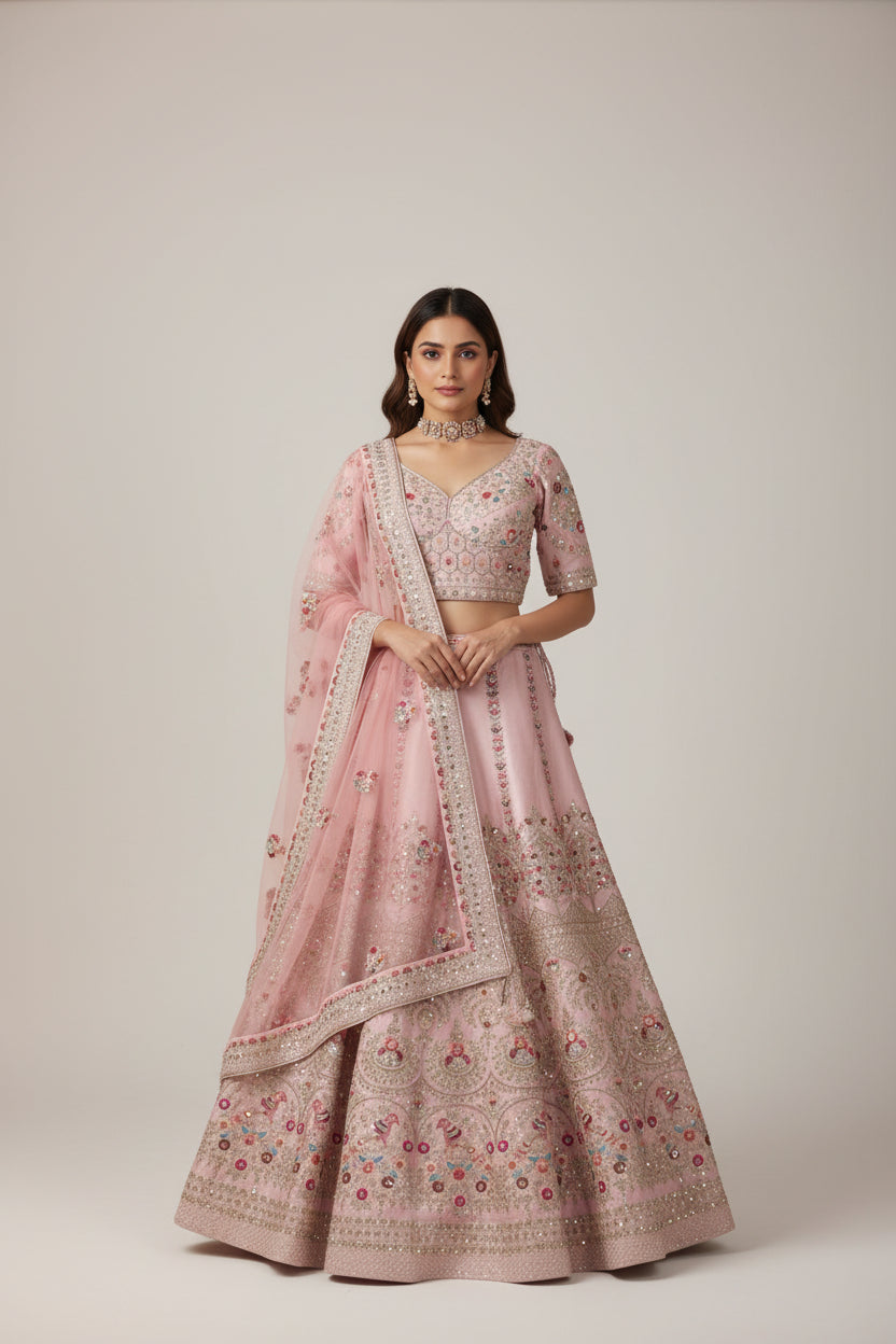 Peach Heavy Bridal Lehenga with Bird and Flower Embroidery