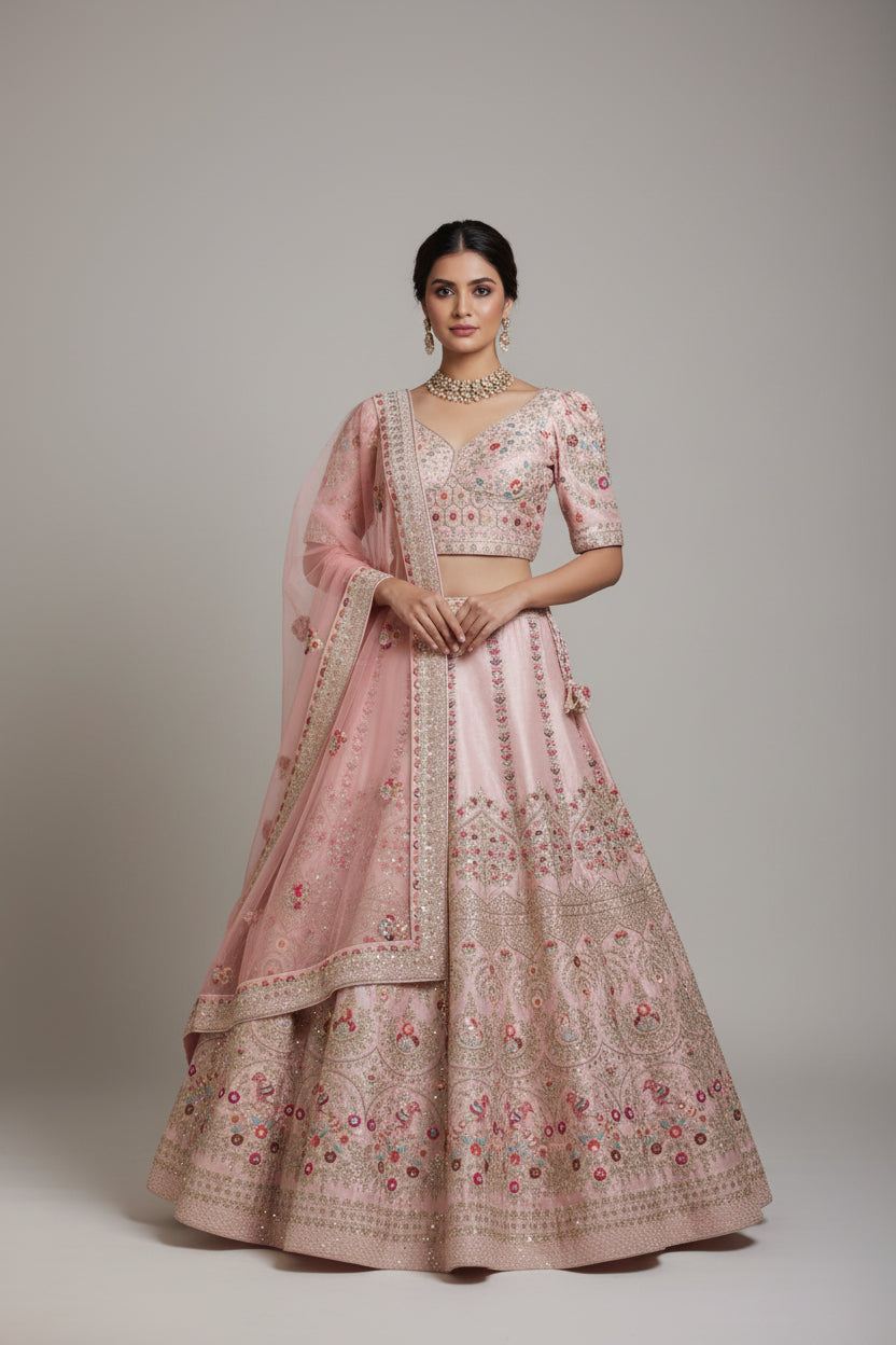 Peach Bridal Lehenga with Parrot and Flower Embroidery | Zari & Sequin Detailing