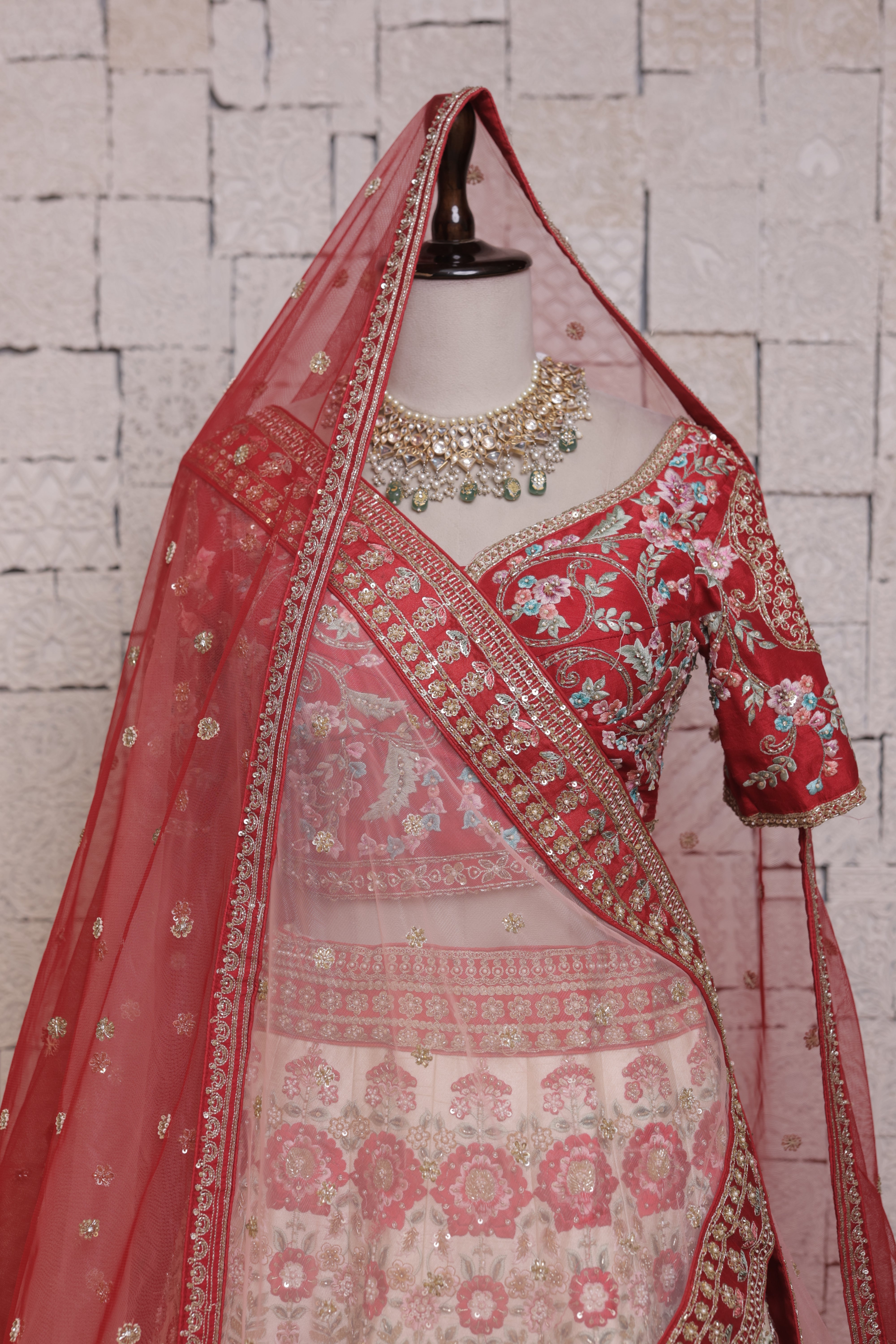 Cream Bridal Lehenga with Rose Flower Embroidery | Zari & Sequin Work