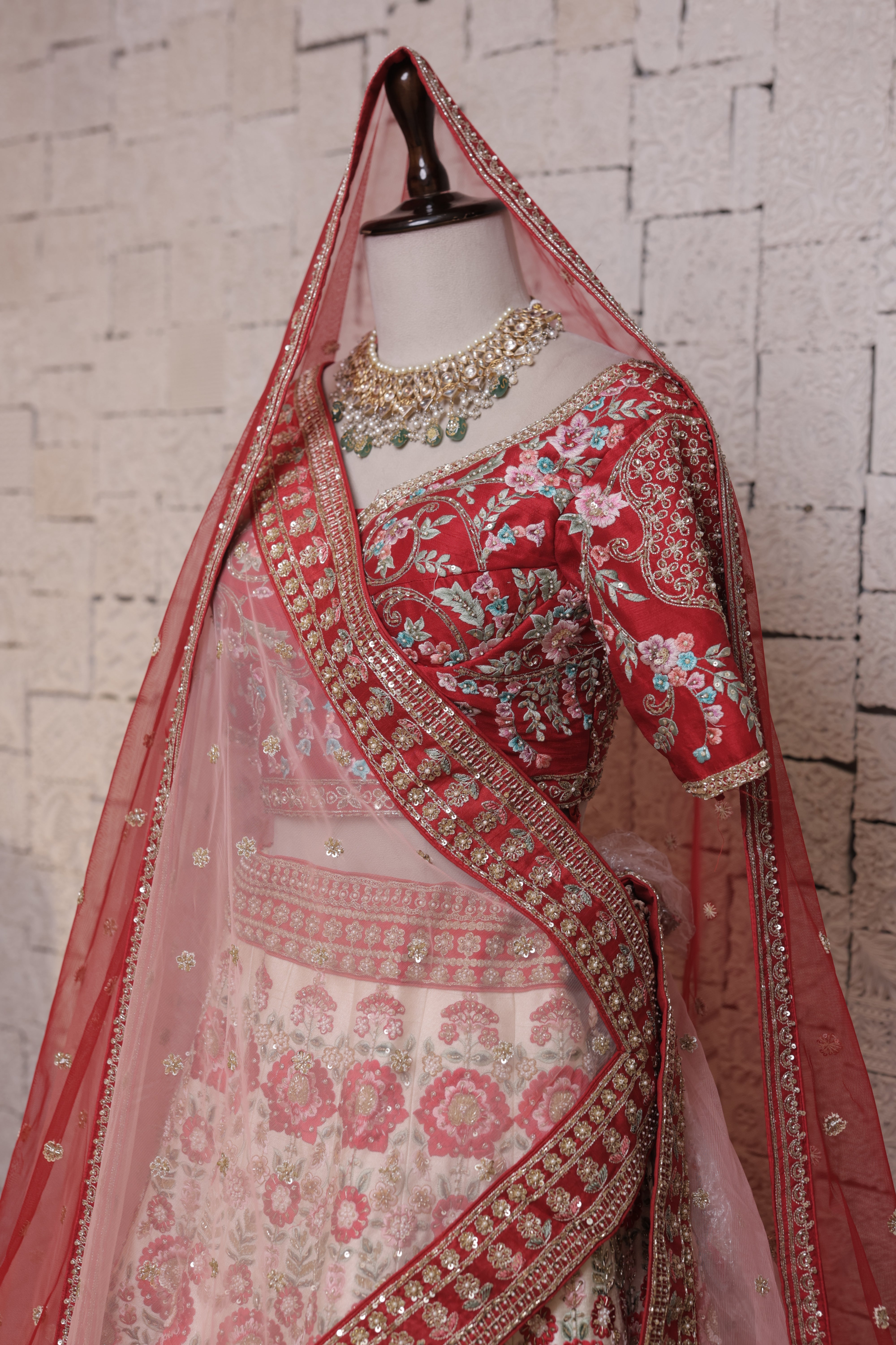 Cream Bridal Lehenga with Rose Flower Embroidery | Zari & Sequin Work